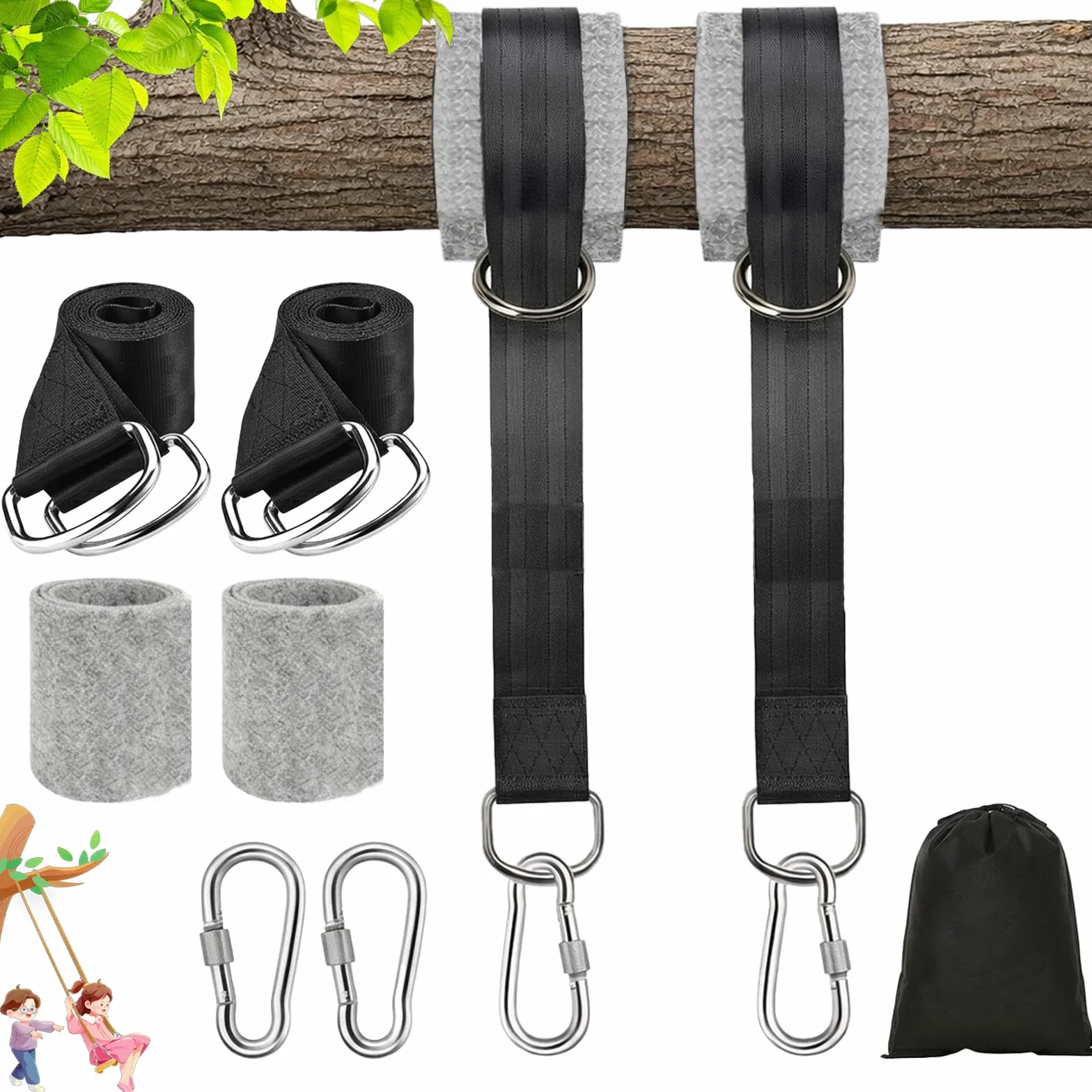900 kg Correas Hamaca Kit Columpio, Fijación Suspensión 2 x 150 cm con Mosquetones, Anillos en D, Protectores de Árbol y Bolsa para Jardín, Camping, Uso Exterior
