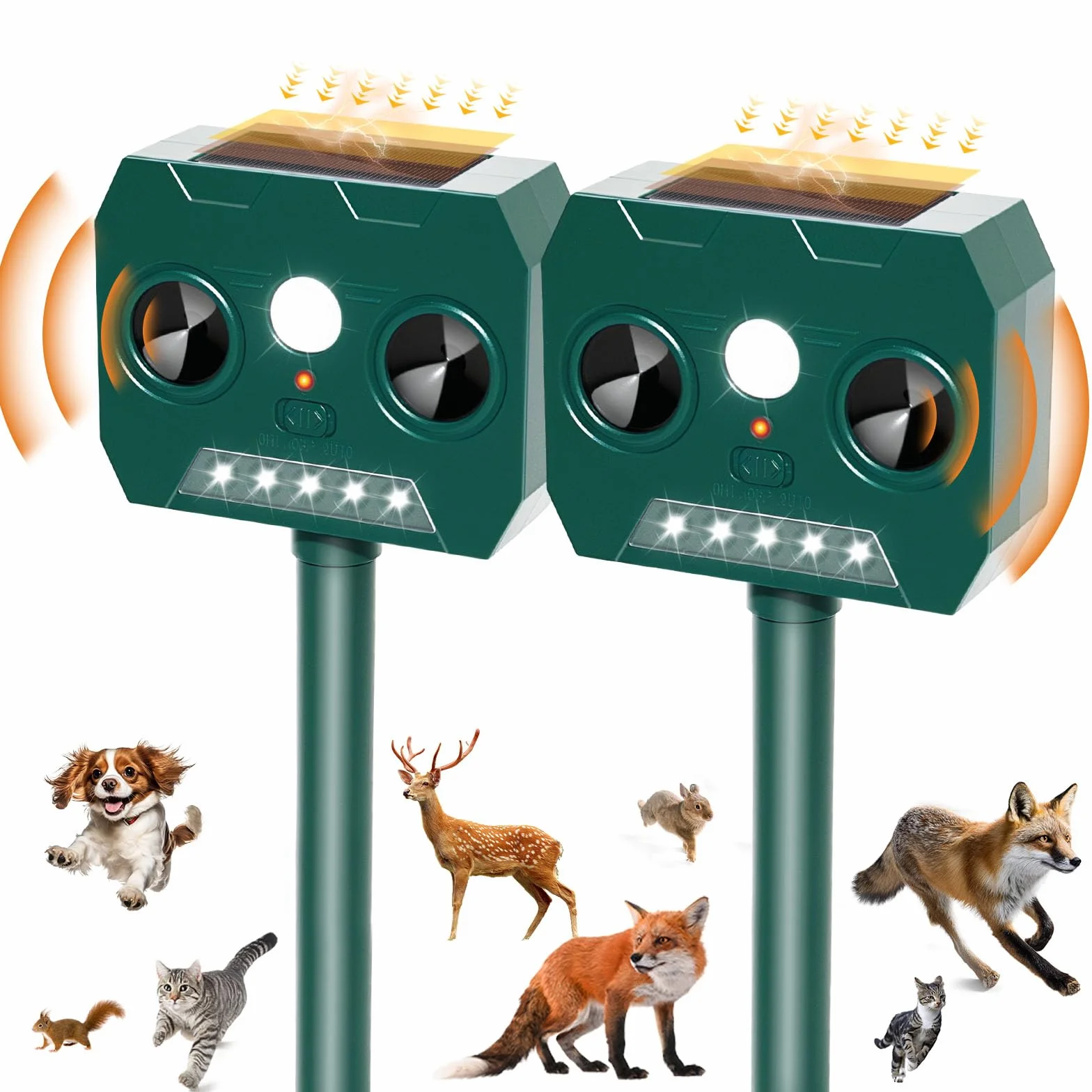 2 Piezas Ahuyentador de Gatos Exterior, Ultrasónico Repelente de Zorros Solar Potente con Luz LED, 12m 120° IP45 Impermeable Aullentador de Animales para Gatos Martas Mapaches Perros