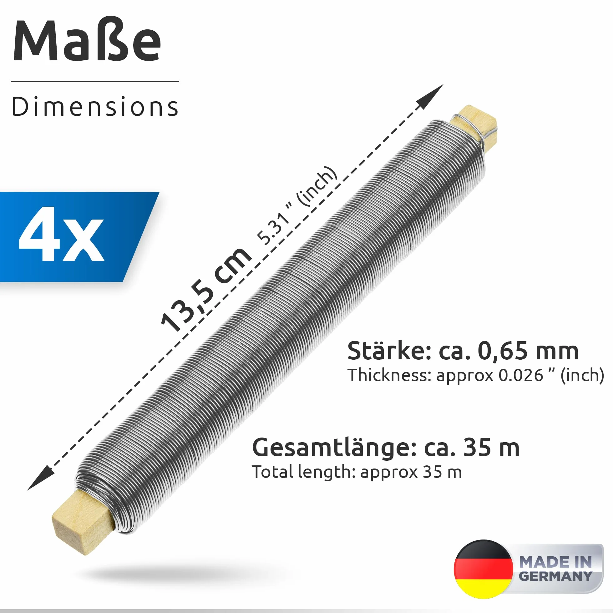 ECENCE 4x alambre de hierro para flores galvanizado, 0,65 mm alambre de unión a granel sobre base de madera, alambre de jardinería para fijar plantas y flores, alambre de fijación para jardín 35 m