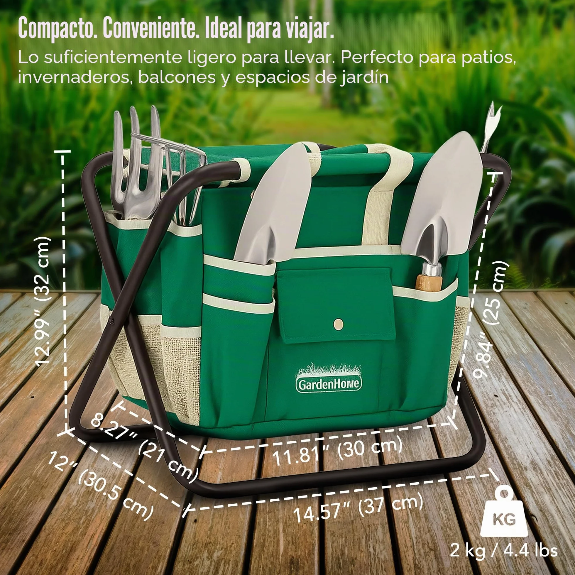 GardenHome Taburete Plegable para Jardinería 7 en 1 - Incluye Juego de Herramientas de Jardín de Acero Inoxidable de 5 Piezas y Estuche de Transporte Gratuito