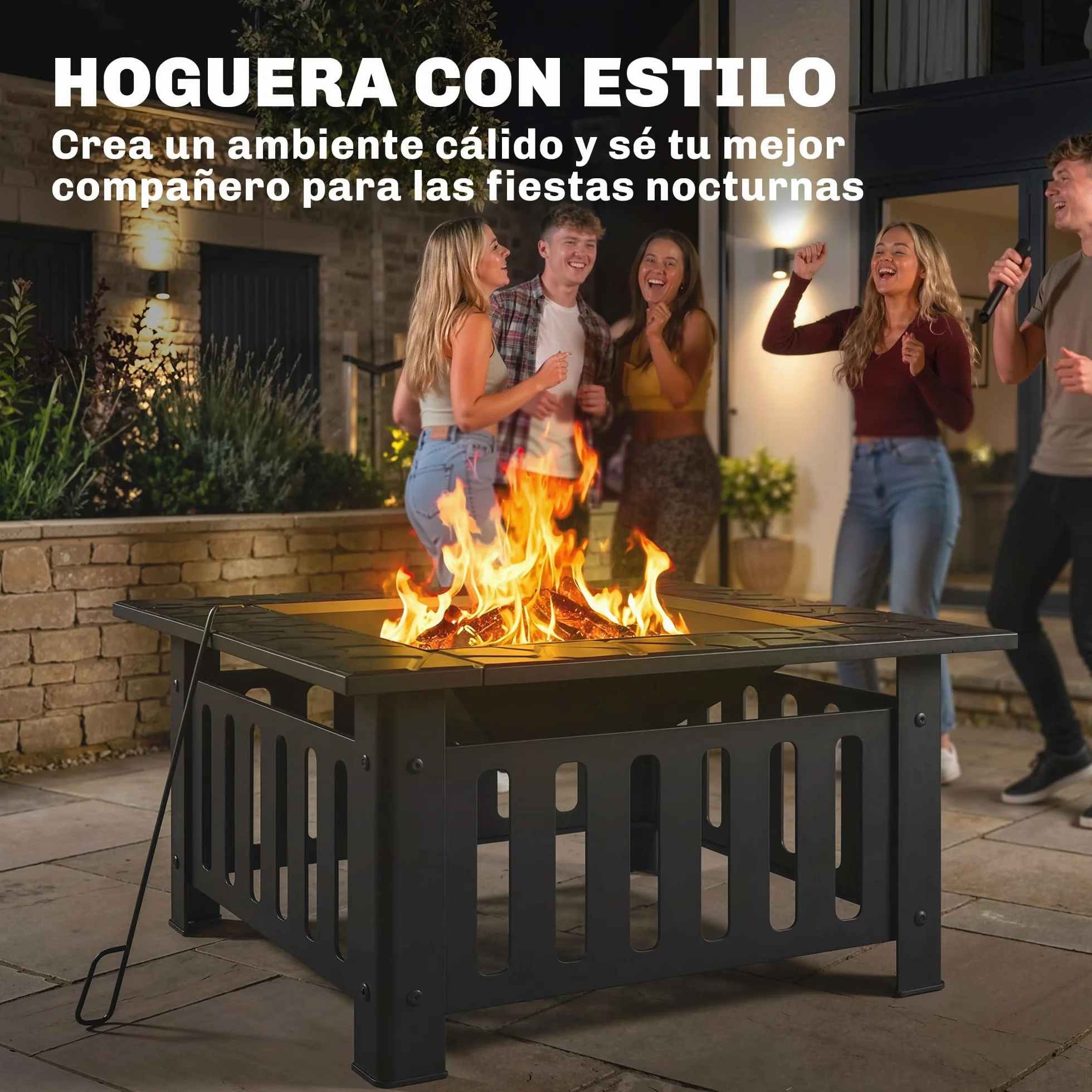 Outsunny Brasero Exterior de Acero Cuadrado, 67x67x47 cm, Brasero Exterior Jardín con Atizador, Tapa de Malla, para Terraza, Camping, Fiesta, Negro