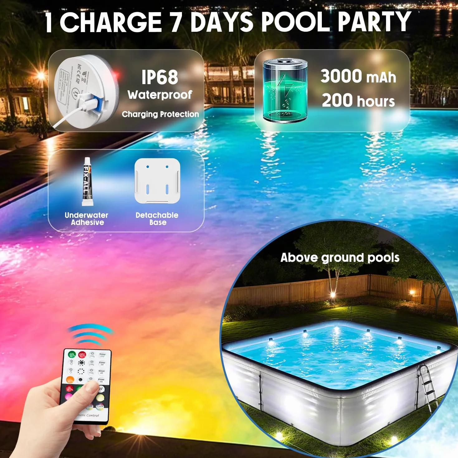 idyl light Lote de 4 lámparas sumergibles recargables para piscina con mando a distancia, impermeables, carga submarina, control de pilas con cambio de color, luces flotantes magnéticas para
