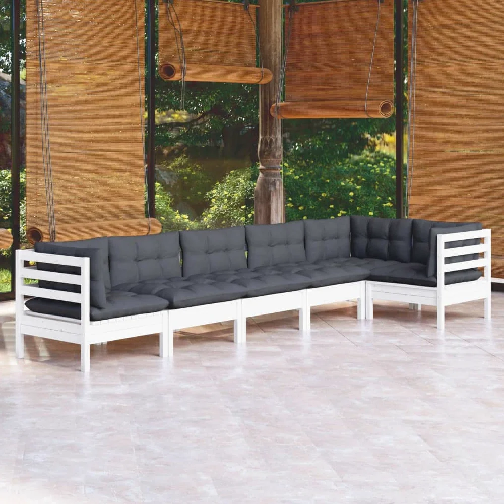 Juego de 6 muebles de jardín de madera de pino blanco, muebles de exterior con cojines de antracita, sofá modular para terraza, ideal para relajarse en el jardín, balcón, patio, máx. 110 kg