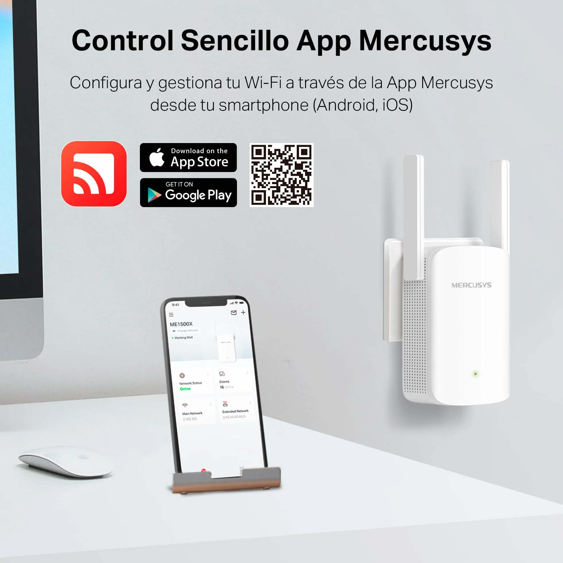 Mercusys ME1500X Wi-Fi 6 Repetidor de Doble Banda 1201 Mbps 5 GHz 300 Mbps 2,4 GHz Puerto Gigabit