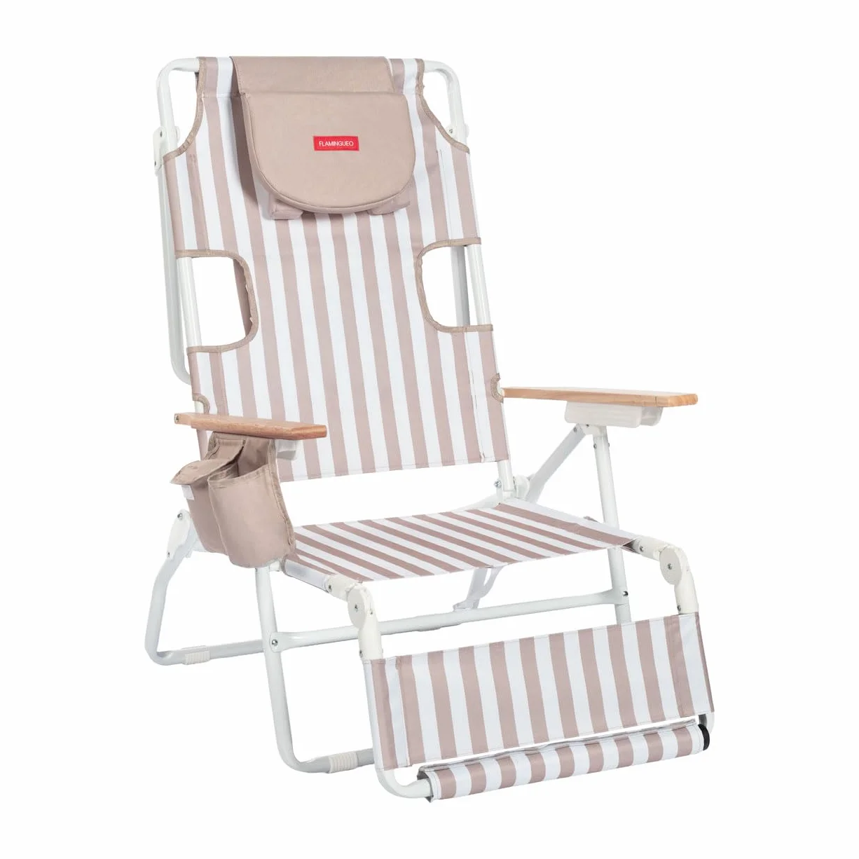 Flamingueo Silla Playa Plegable - Reclinable 5 Posiciones - Agujero Cabeza y Brazos - Reposapiés 3 Posicones - Asas Mochila - Bolsillo Insulado y Posavasos - Aluminio y Poliéster - Beige