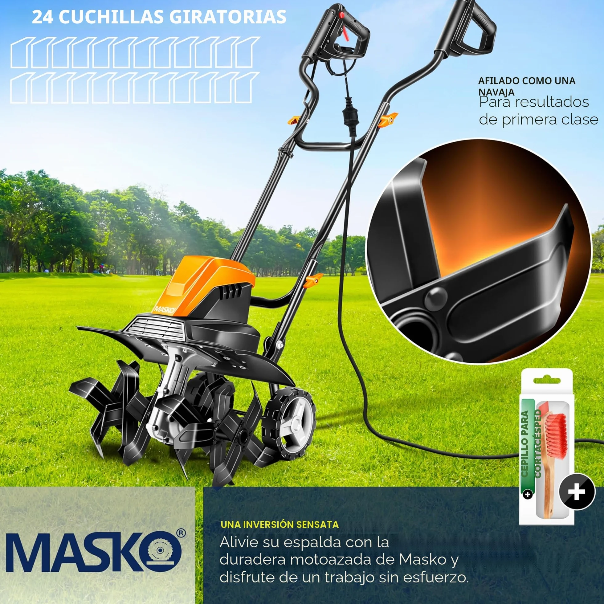 MASKO® Azada con Motor eléctrico 1500W | 40 cm de Ancho de Trabajo 20 cm de Profundidad de Trabajo | Azada del Suelo | Cultivador de jardín | Azada eléctrica | Carcasa metálica, Naranja