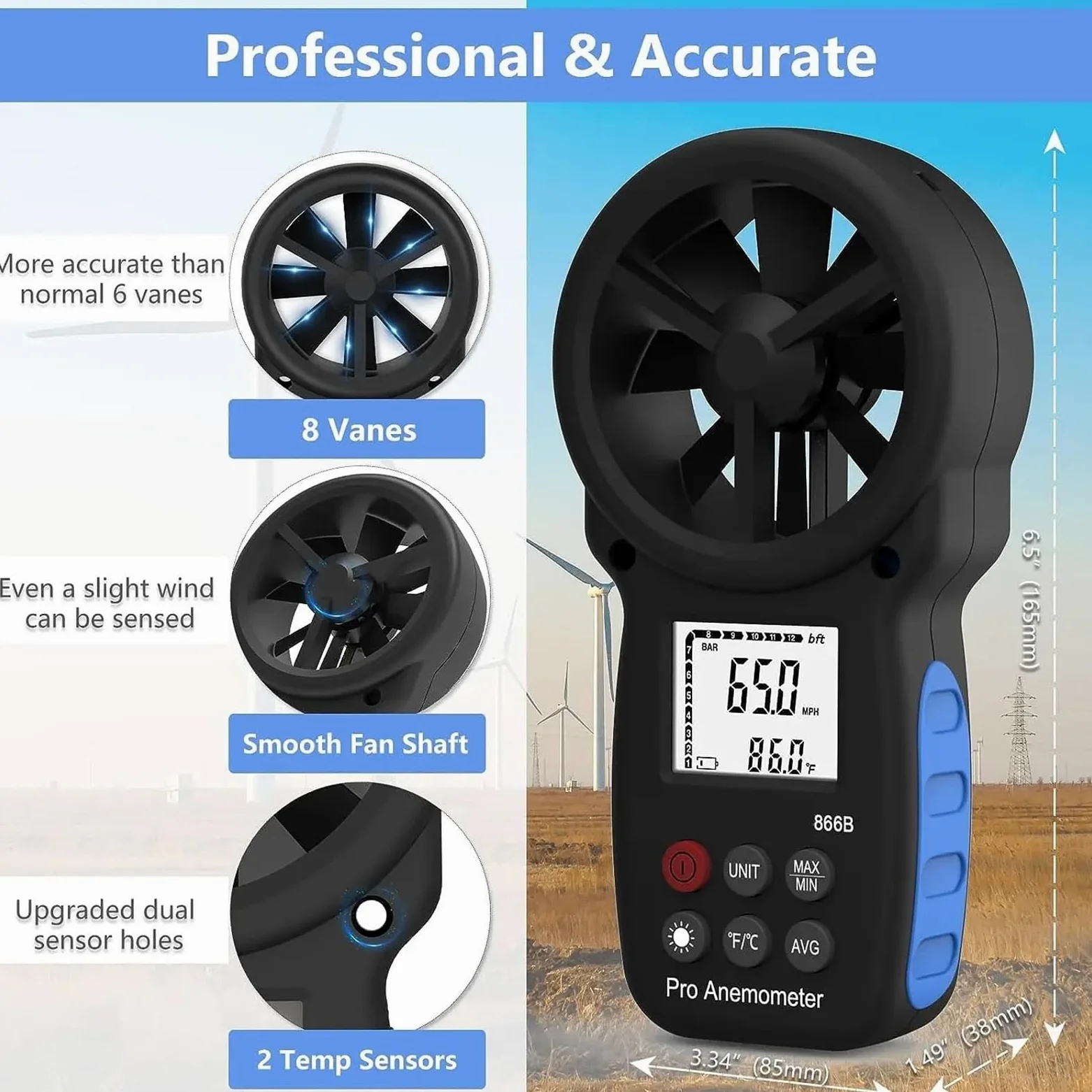 Anemómetro digital, Anemómetro Digital 866B, medidor de temperatura, Mini velocidad del viento, Sensor medición aire, 0-30m/s