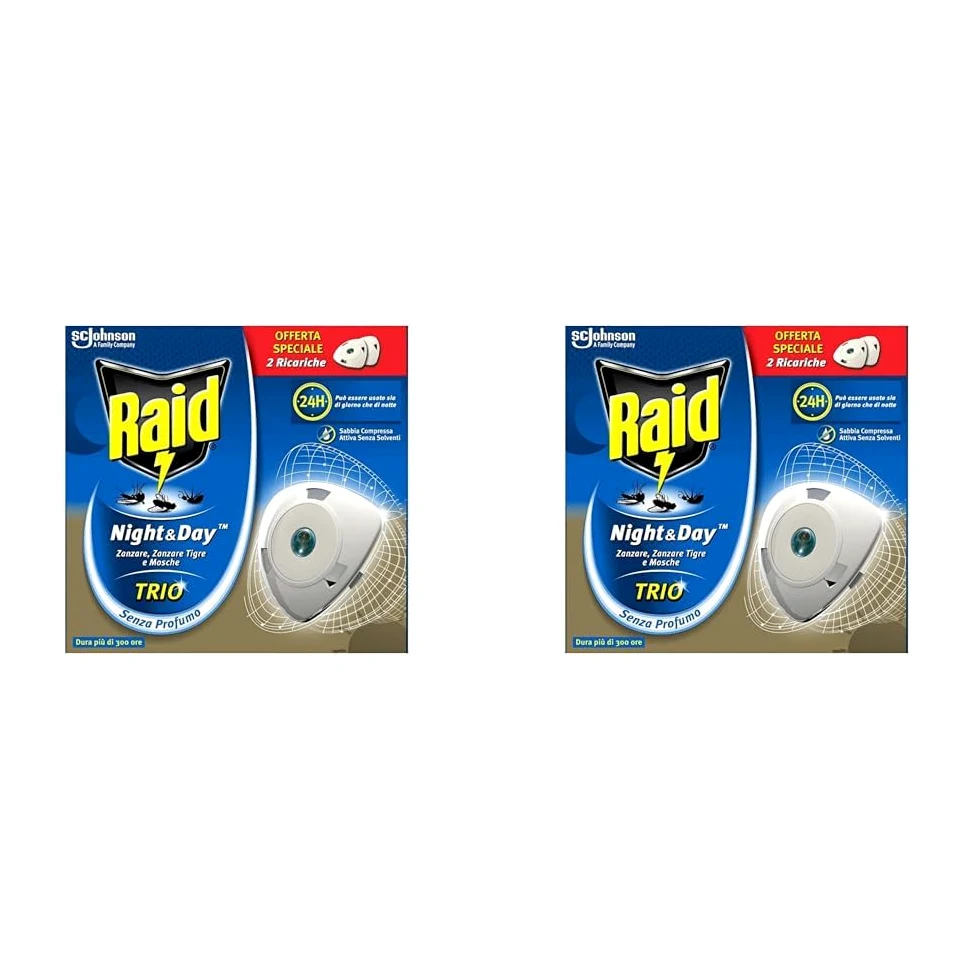 Raid Night & Day Eléctrico - 2 Recambios de insecticida automático contra Mosquitoes, Mosquitos Tigre y Moscas (Paquete de 2)