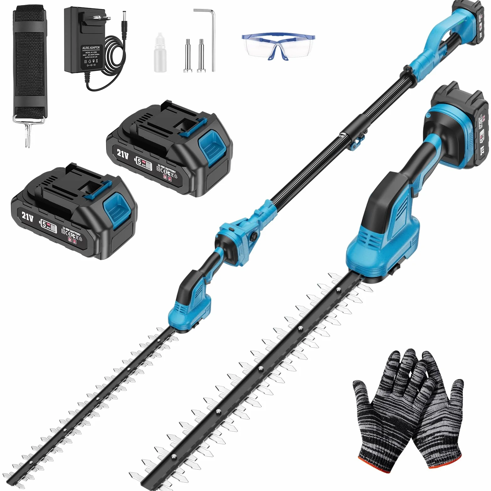 Cortasetos Telescópico Batería 2 en 1, Podadora Electrica Herramientas de Jardín con 2*4000 mAh Baterías Motor 550 W, Cortasetos 2,65M con Bandolera, Gafas, Guantes para Podar Arboles Patio de Jardín