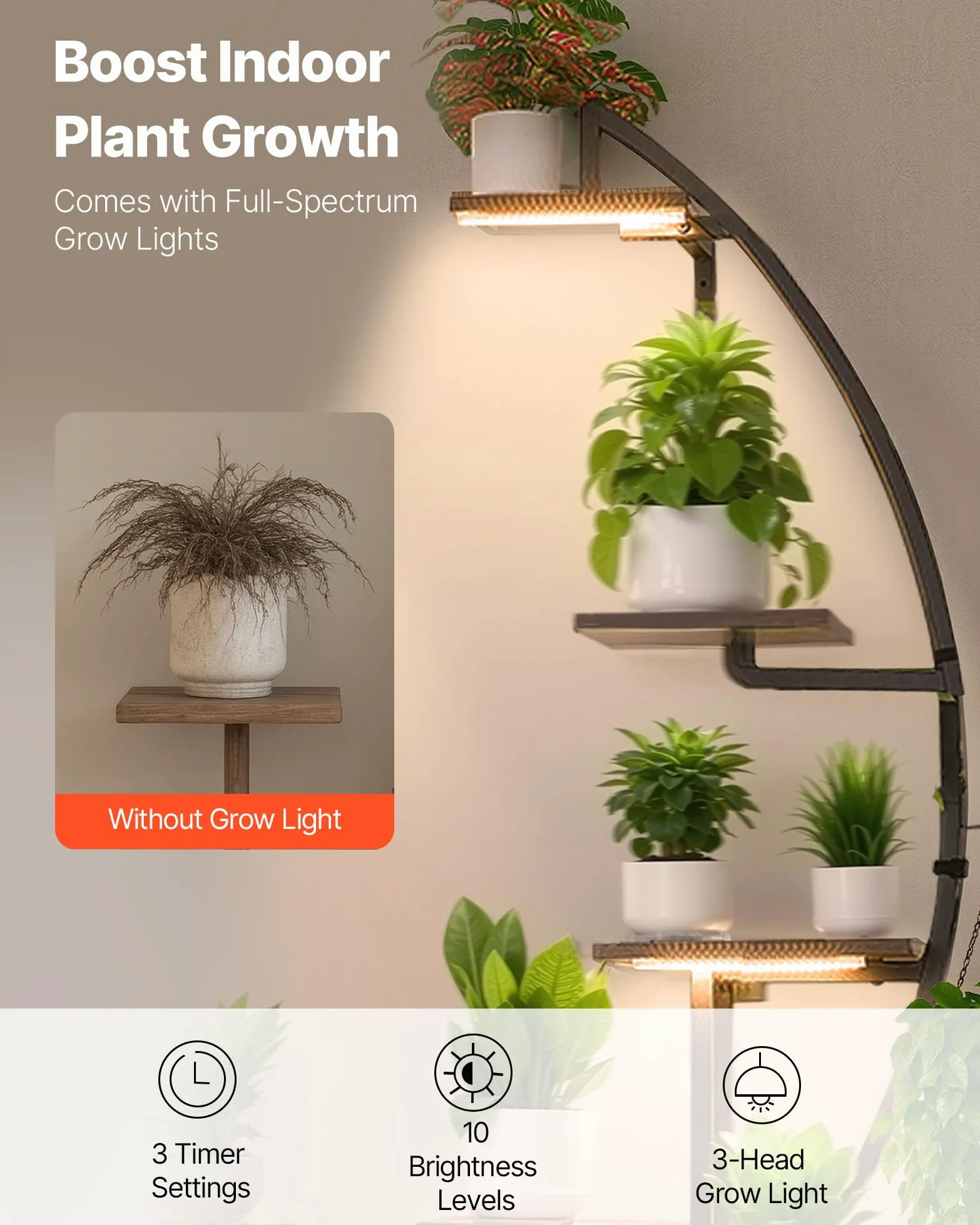 VEVOR Soporte para Plantas con Luz de Cultivo 7 Niveles Alto de 166,5 cm, Forma de Media Luna 2 Piezas, Estante con Luz para Plantas, 3 Temporizadores y 10 Niveles de Brillo, para Sala de Estar