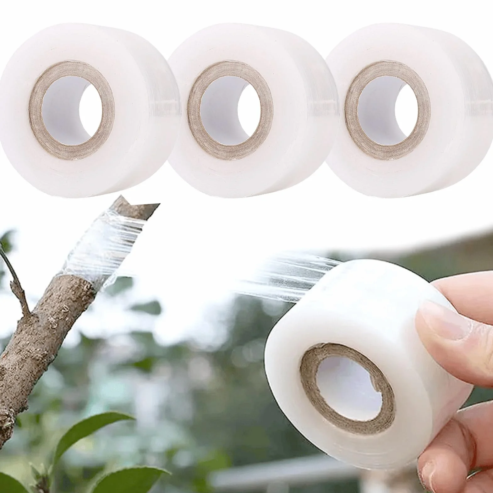 3 Rollos de Cinta de Injerto de Transparente Estirable, Autoadhesiva para Jardinería Película de Injerto, Ideal para Injertar Árboles Frutales, Flores y Uso en Viveros, 100 m