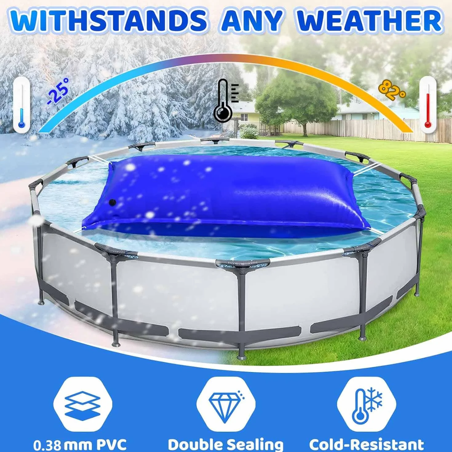 Panngu Cojín de piscina de 200 x 400 cm, cojín de aire para piscina de invierno XXL con bomba, globo de piscina de invierno, incluye kit de reparación para protección de piscina resistente al invierno