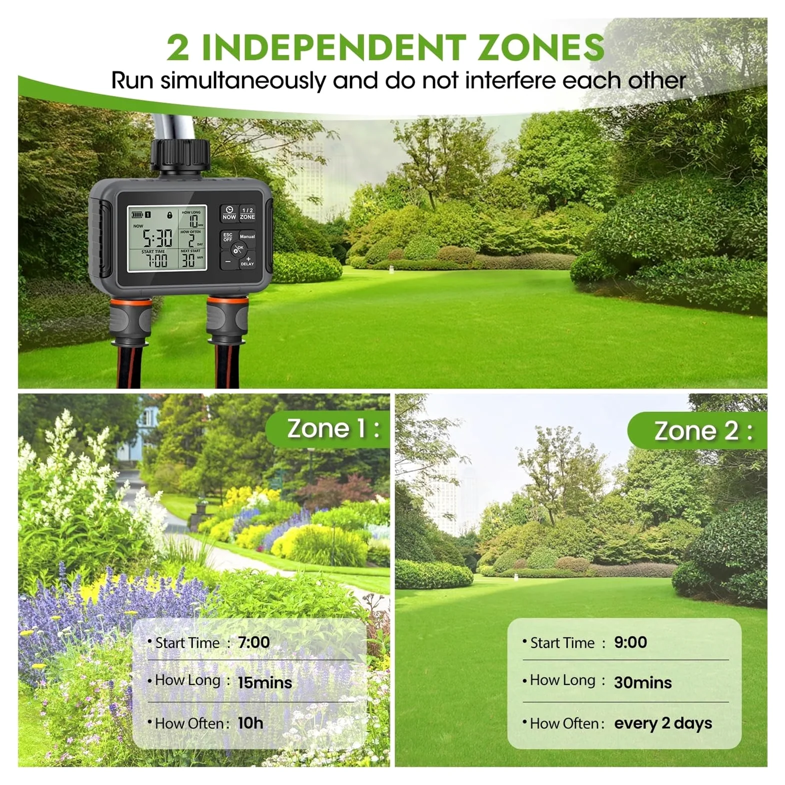 Temporizador de aspersor de 2 zonas programable IPX5 riego de jardín | Temporizador programable for sistemas de riego por goteo y césped.(G thread)
