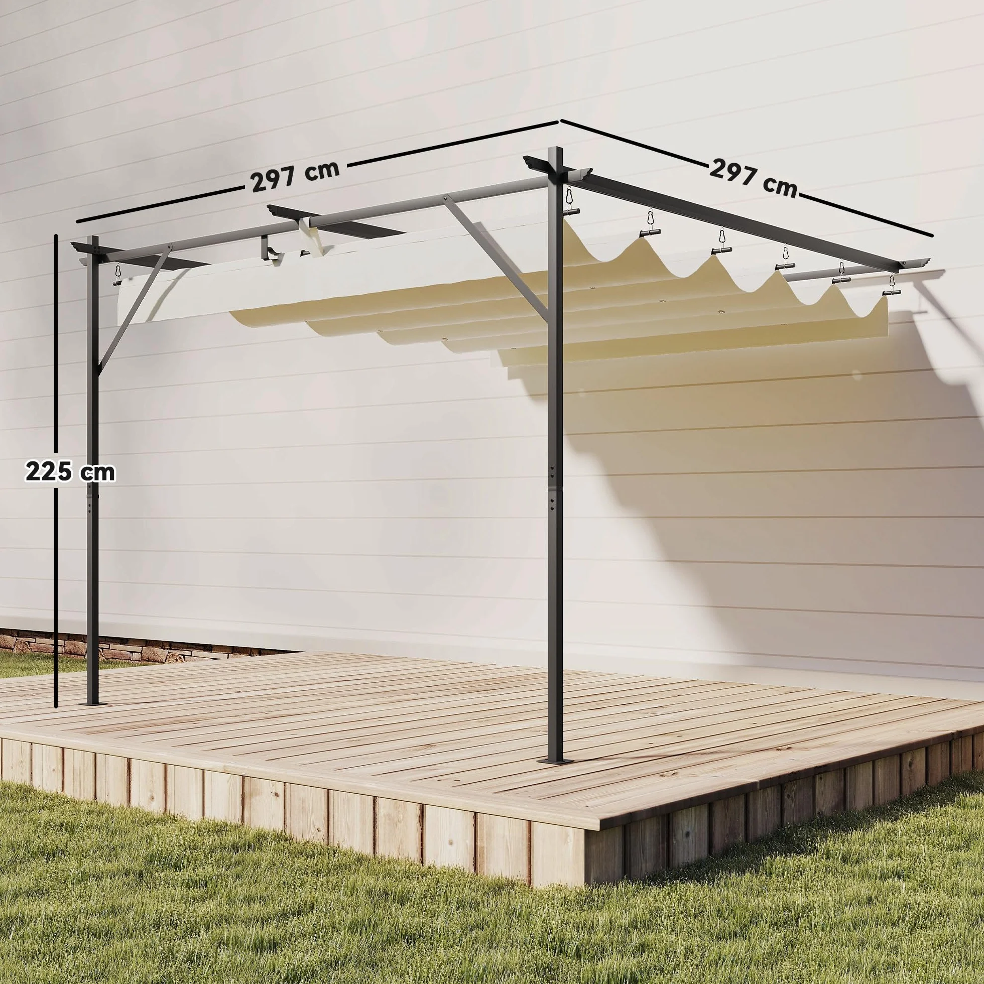 Outsunny Pérgola de Pared de Jardín 3x3 m, Cenador de Jardín con Techo Retráctil, Protección UPF30+, Orificios de Drenaje y Estructura Metálica, Pabellón para Patio, Terraza, Exterior, Blanco Crema