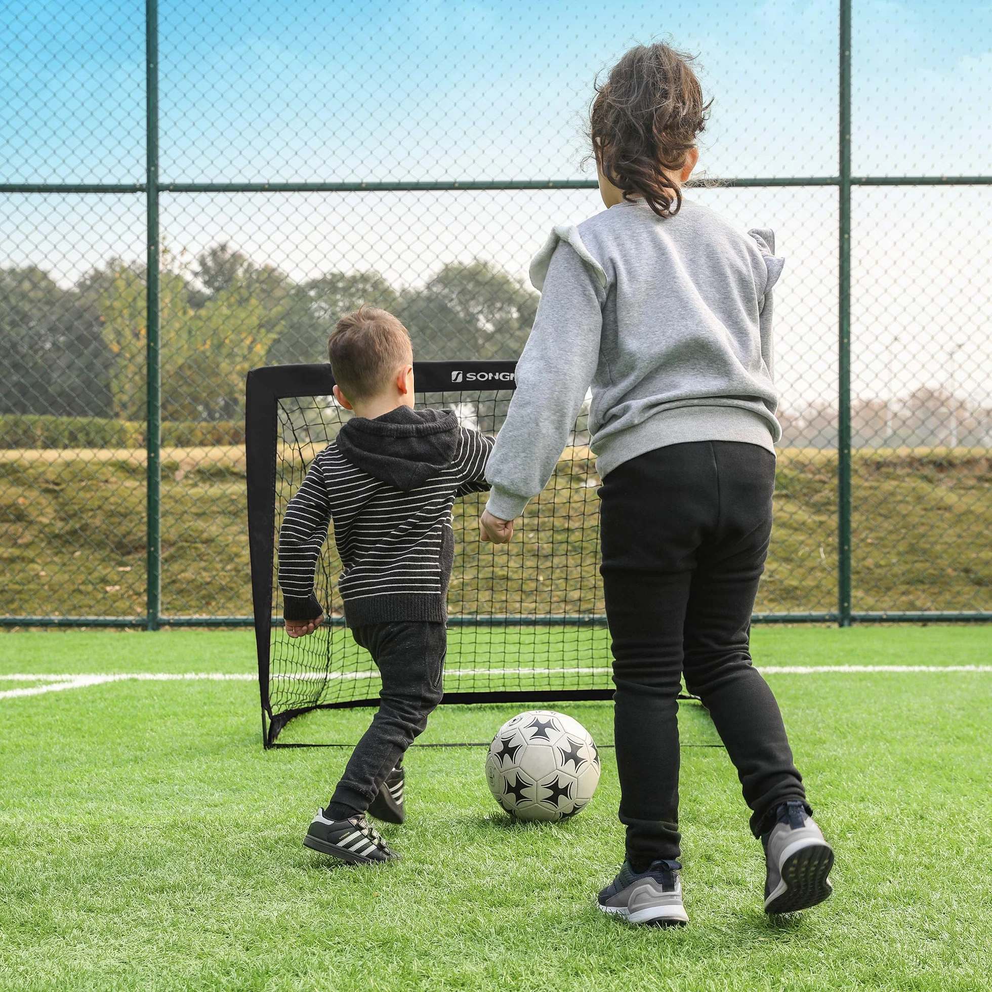 SONGMICS Portería de Fútbol Infantil Portátil y Plegable, Juego de 2, Fibra de Cristal