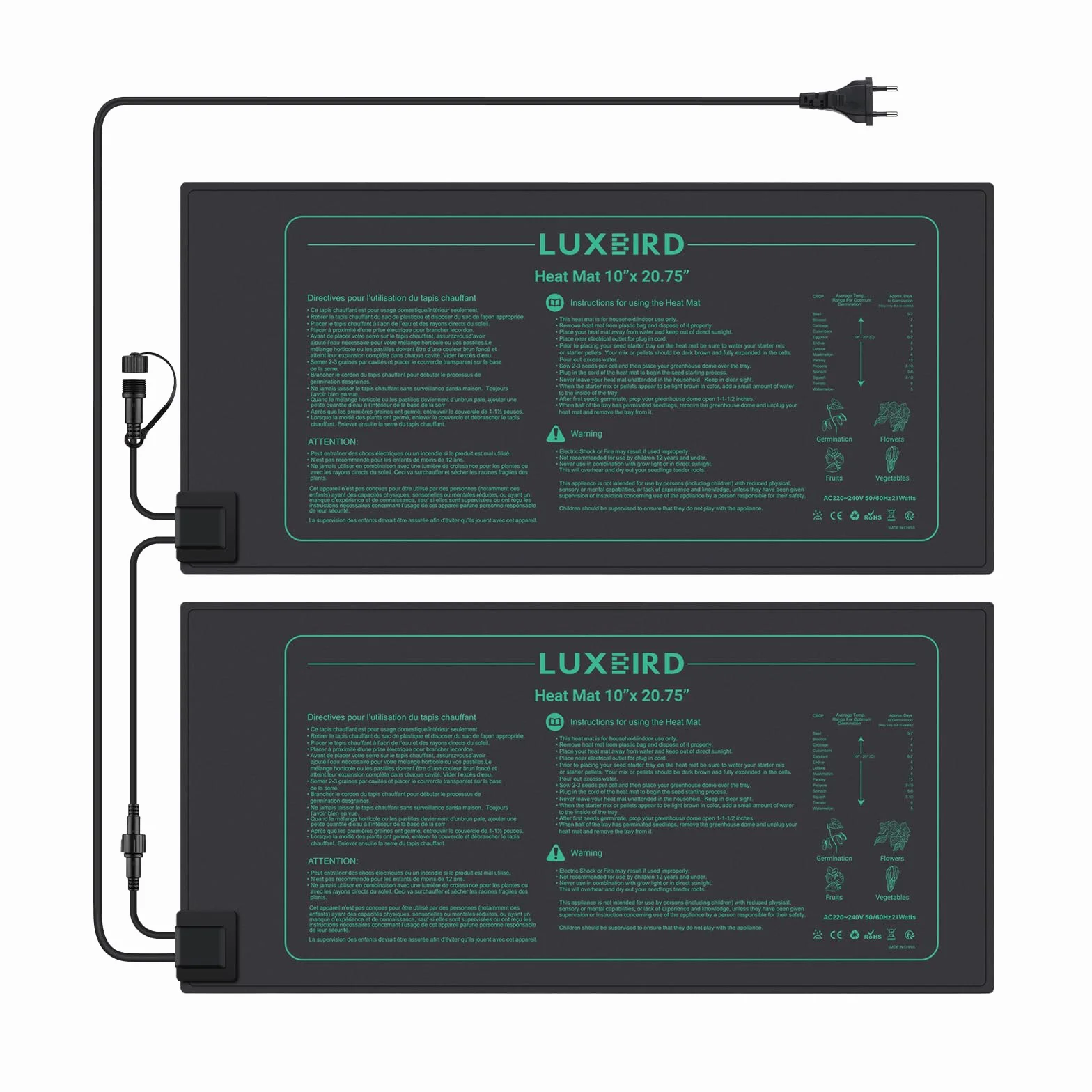Luxbird Alfombra calefactora para germinación 21V 2 Paquete 52,7x25,4cm