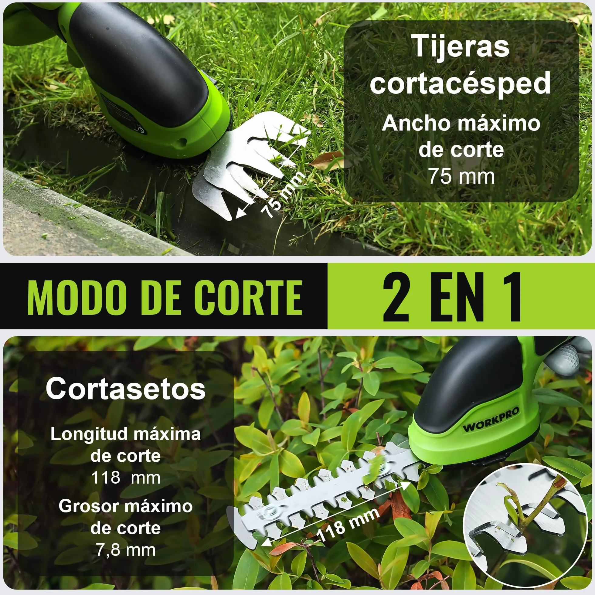 WORKPRO Tijeras Cortacésped y Arreglasetos 2 en 1, 3,6 V Cortasetos a Batería 2 Ah, Tijeras Arreglaseto con 2 Tipos de Cuchillas Ancho de Corte 75 mm, 118 mm, Herramienta para Jardín (Verde)