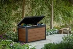 Keter Cortina - Arcón exterior, Baúl almacenaje, Capacidad 380L, Resina, Color marrón, Ordenación jardín y terraza, 123x62x71 cm