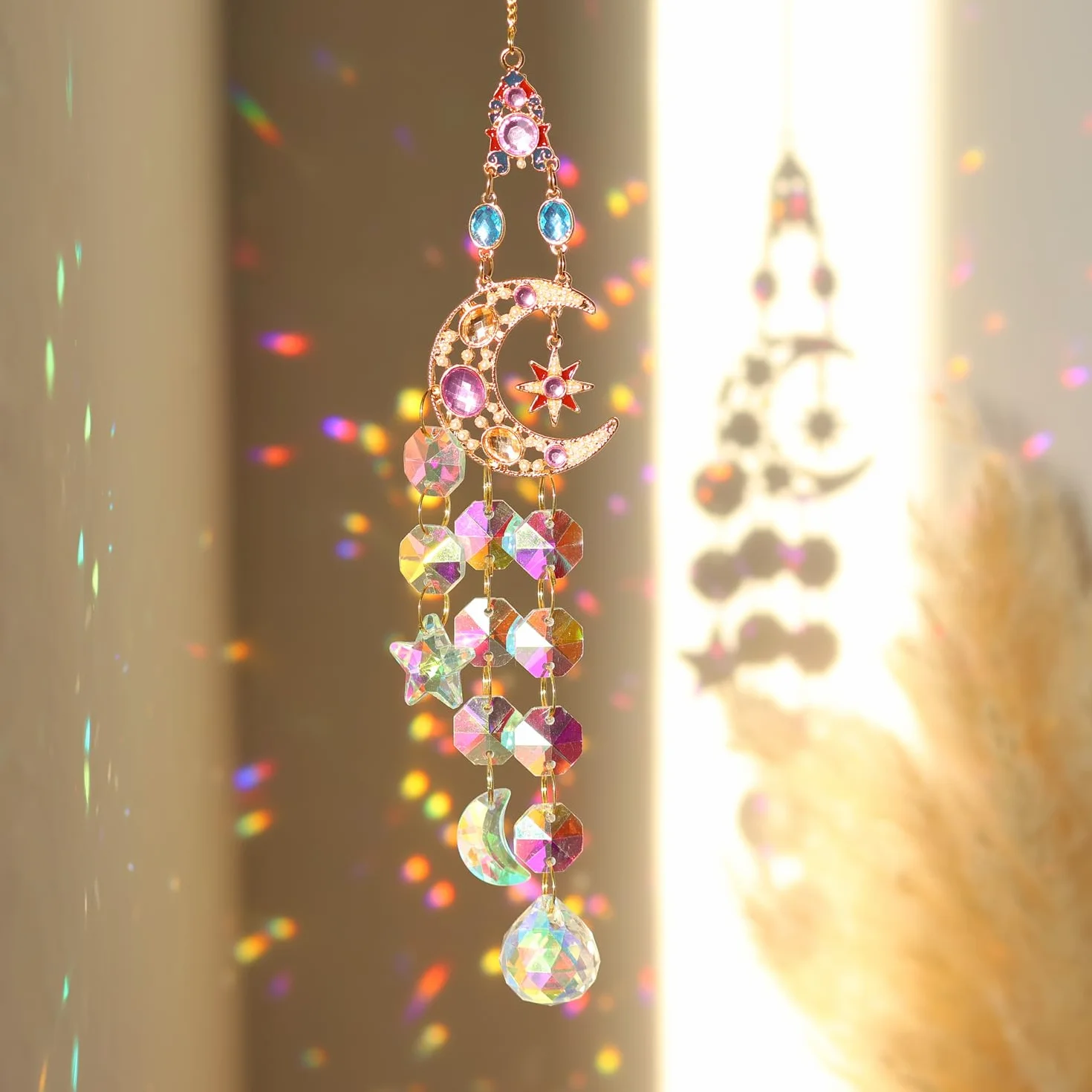 Atrapasoles de Cristal, Adorno de Ventana de Cristal de Prisma de Colores, Atrapasoles para Ventanas, Adecuado como Regalo, Se Puede Colgar en Ventanas, Paredes, Porches, Jardines. (LUNA)