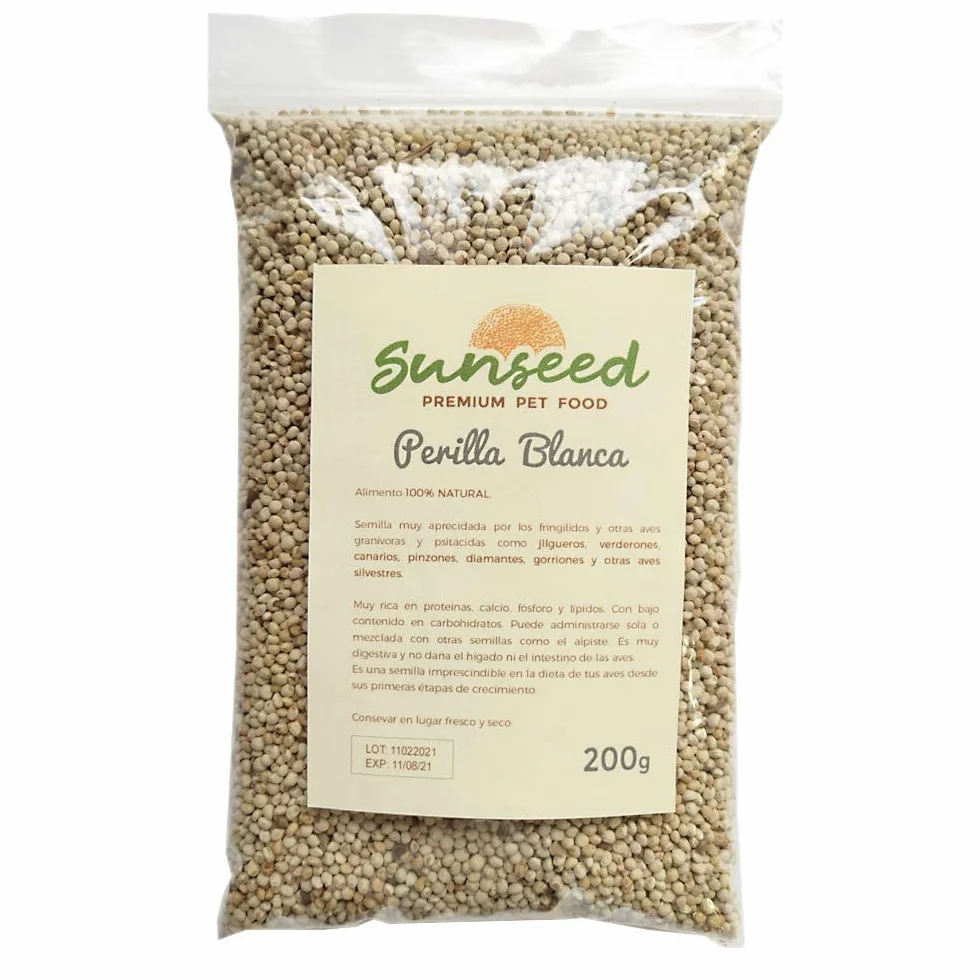 Perilla Blanca, alimento para Aves granivoras Canarios, jilgueros, gorriones Sunseed 200g