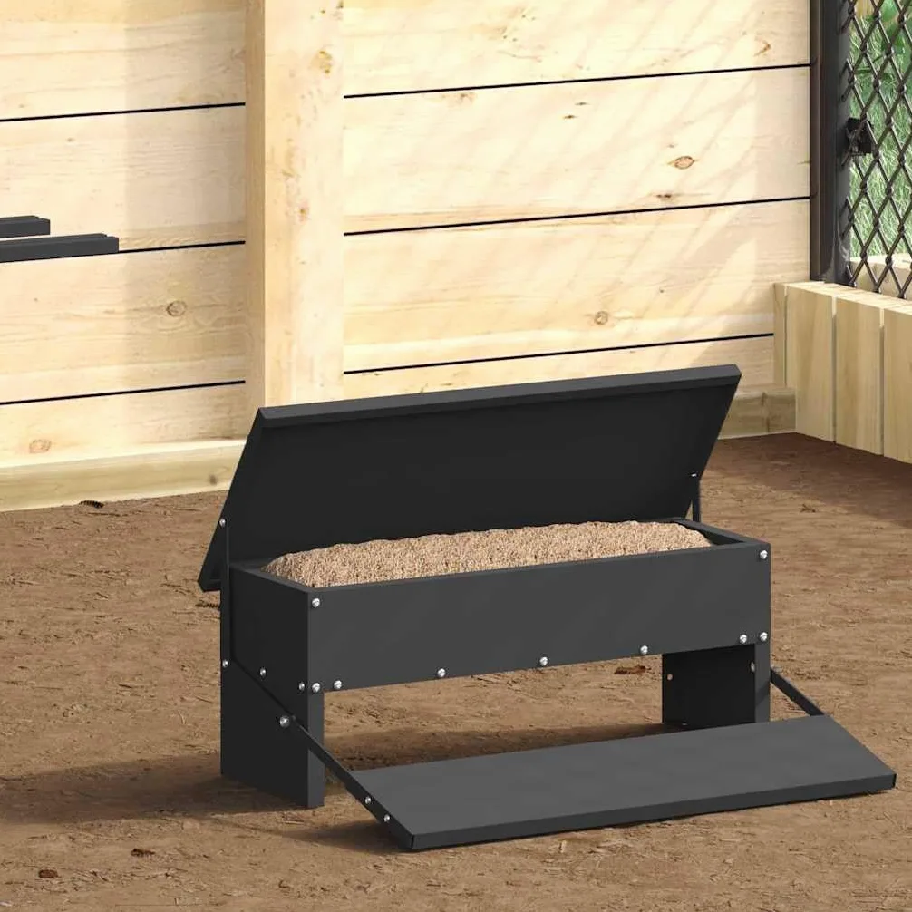 Comedero para gallinas de acero laminado en frío, negro, 48,5 x 39,5 x 19 cm, resistente, resistente a la intemperie, para interior y exterior, distribución automática de alimentos, diseño