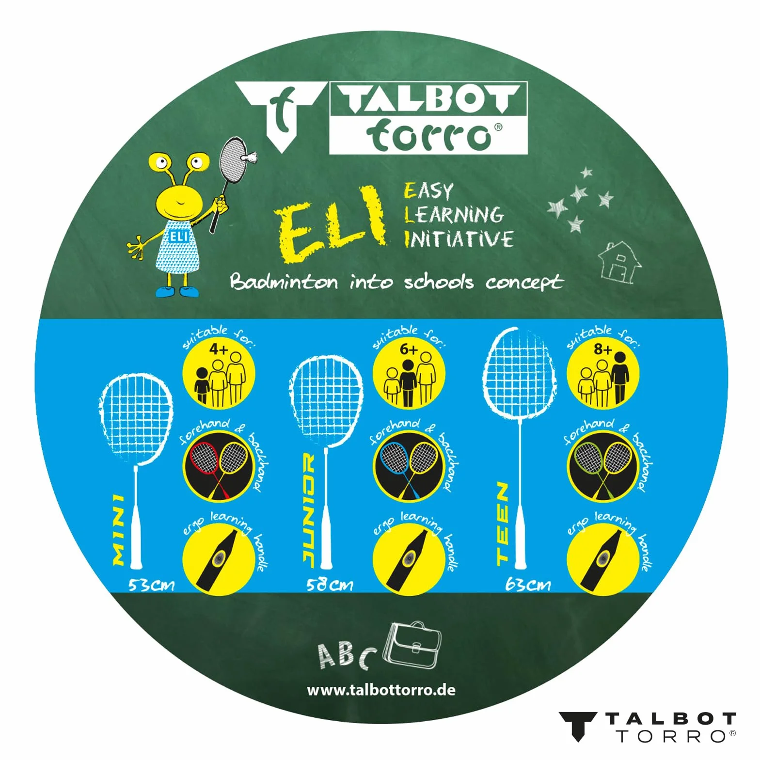 Talbot Torro Eli Junior Badmintonschläger 58 cm Lerngriff Tropfenkopf Schwarz Gelb Blau