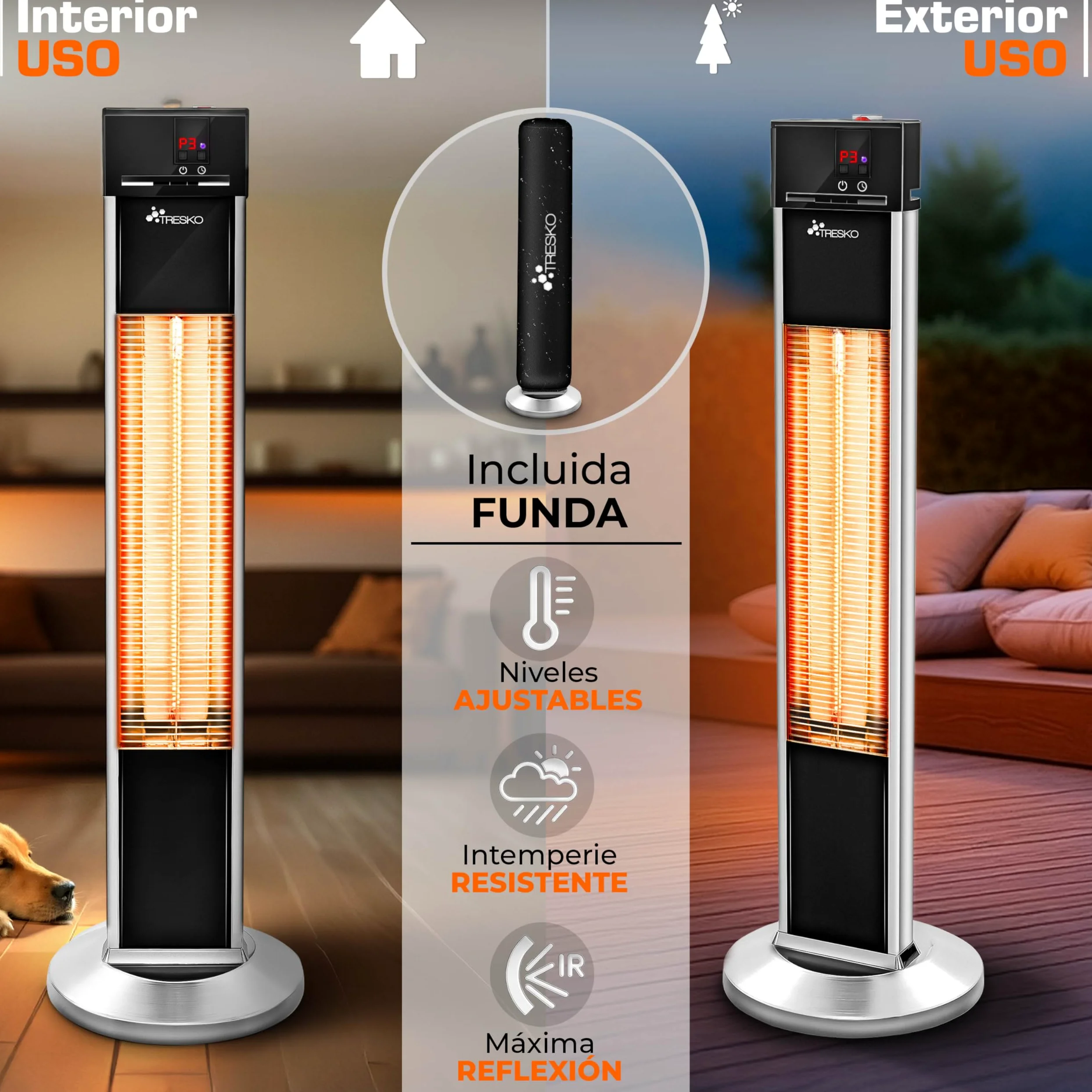 TRESKO Calefactor por Infrarrojos 2000W Control Remoto Estufa Radiante 3 Temperaturas Radiador Eléctrico Exterior Interior Calentador Pantalla LED
