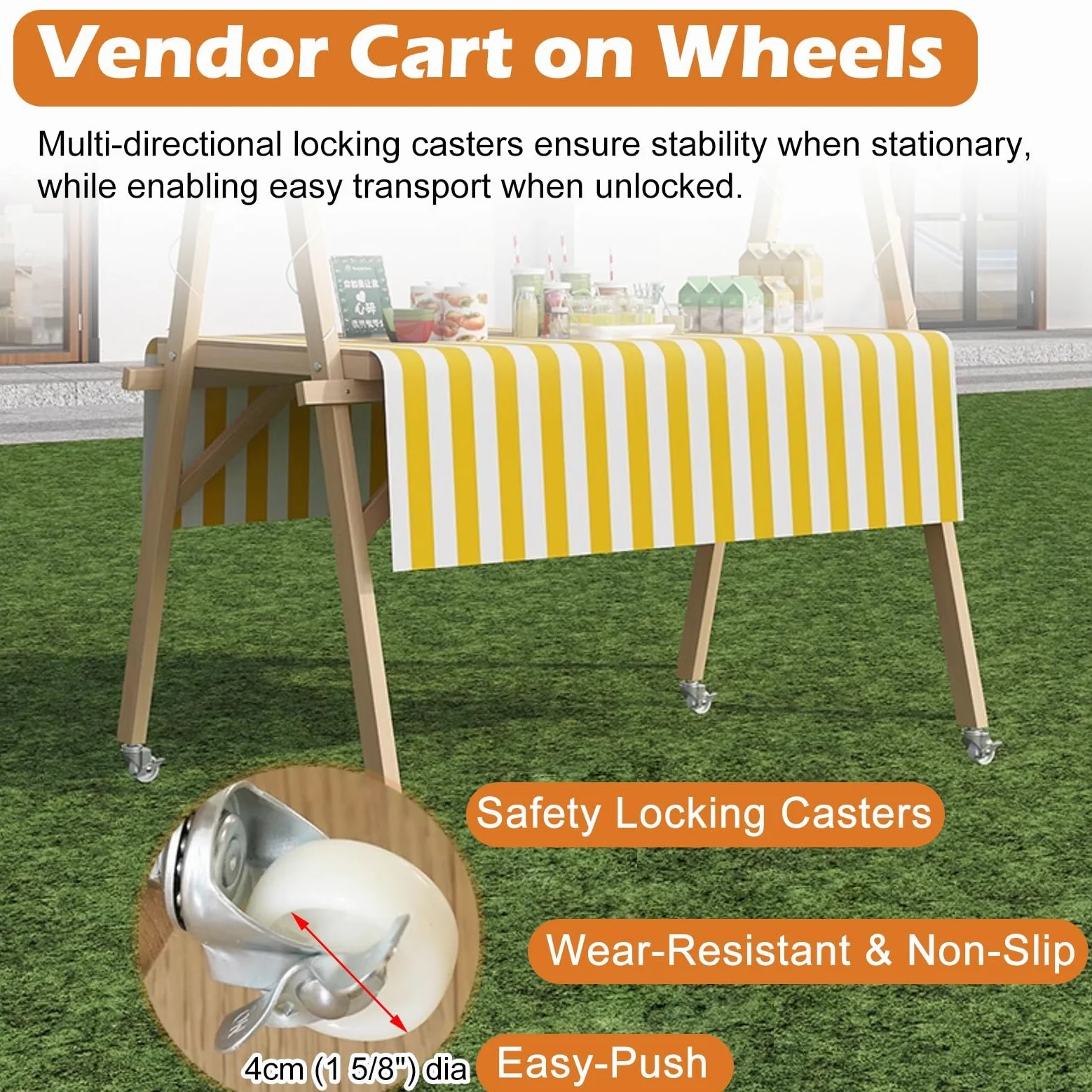 Carritos de Mercado, caseta Plegable de Madera para concesiones en mercados agrícolas y ferias, Carrito móvil con Ruedas, Puesto Playero (Amarillo, 140 cm de Ancho)