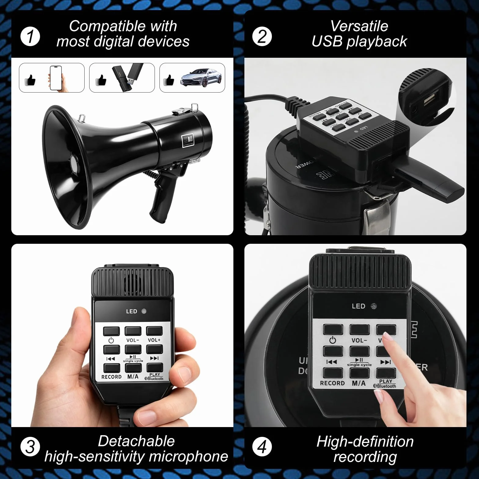 WingFly Megáfono 150W Bluetooth Grabación Alcance 2000m Altavoz Sirena Micrófono Externo USB