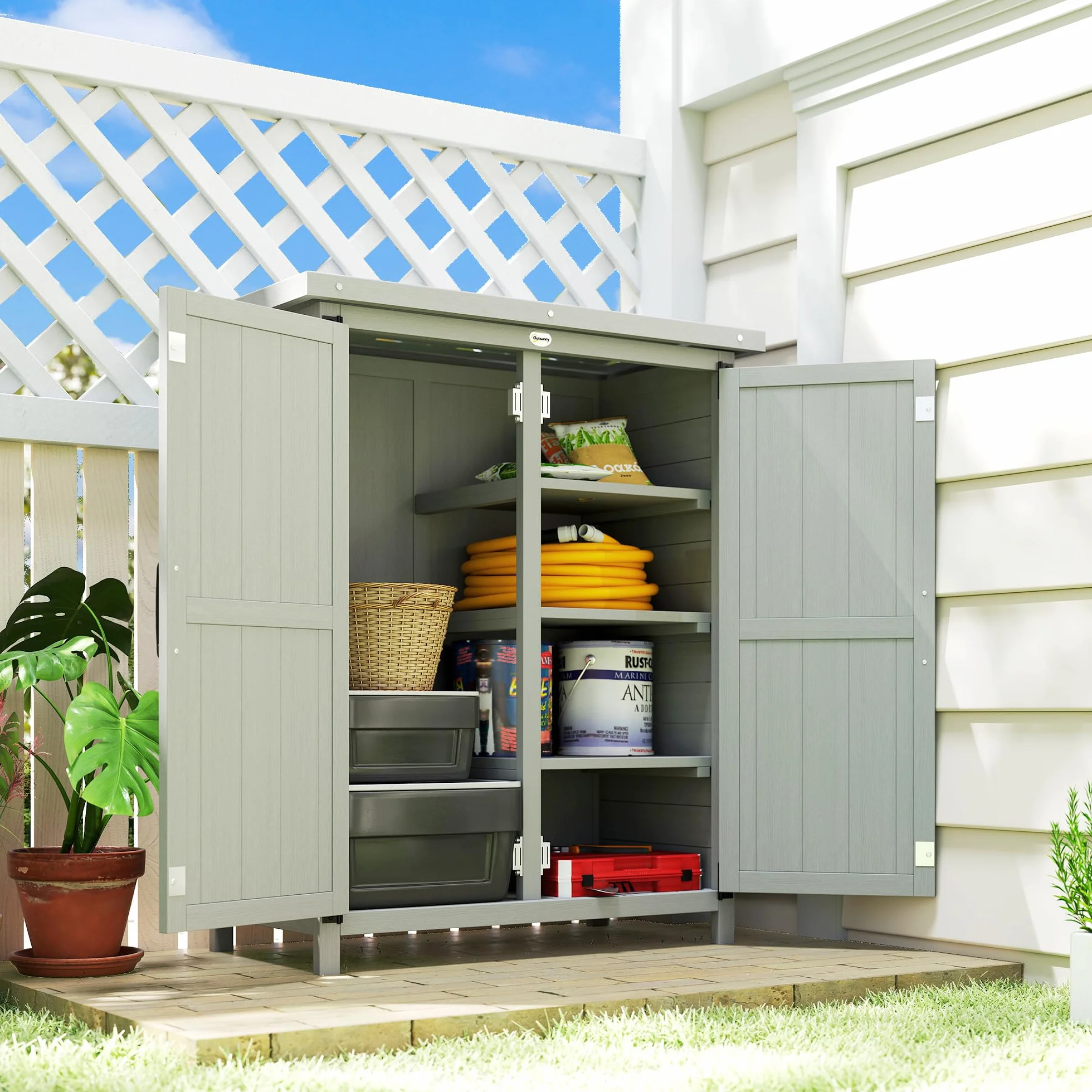 Outsunny Caseta de Jardín de Madera, 75x40x90 cm, Cobertizo Jardín Exterior, Armario para Almacenaje de Herramientas, con 4 Estantes, 2 Puertas y Techo de Acero Galvanizado, Gris