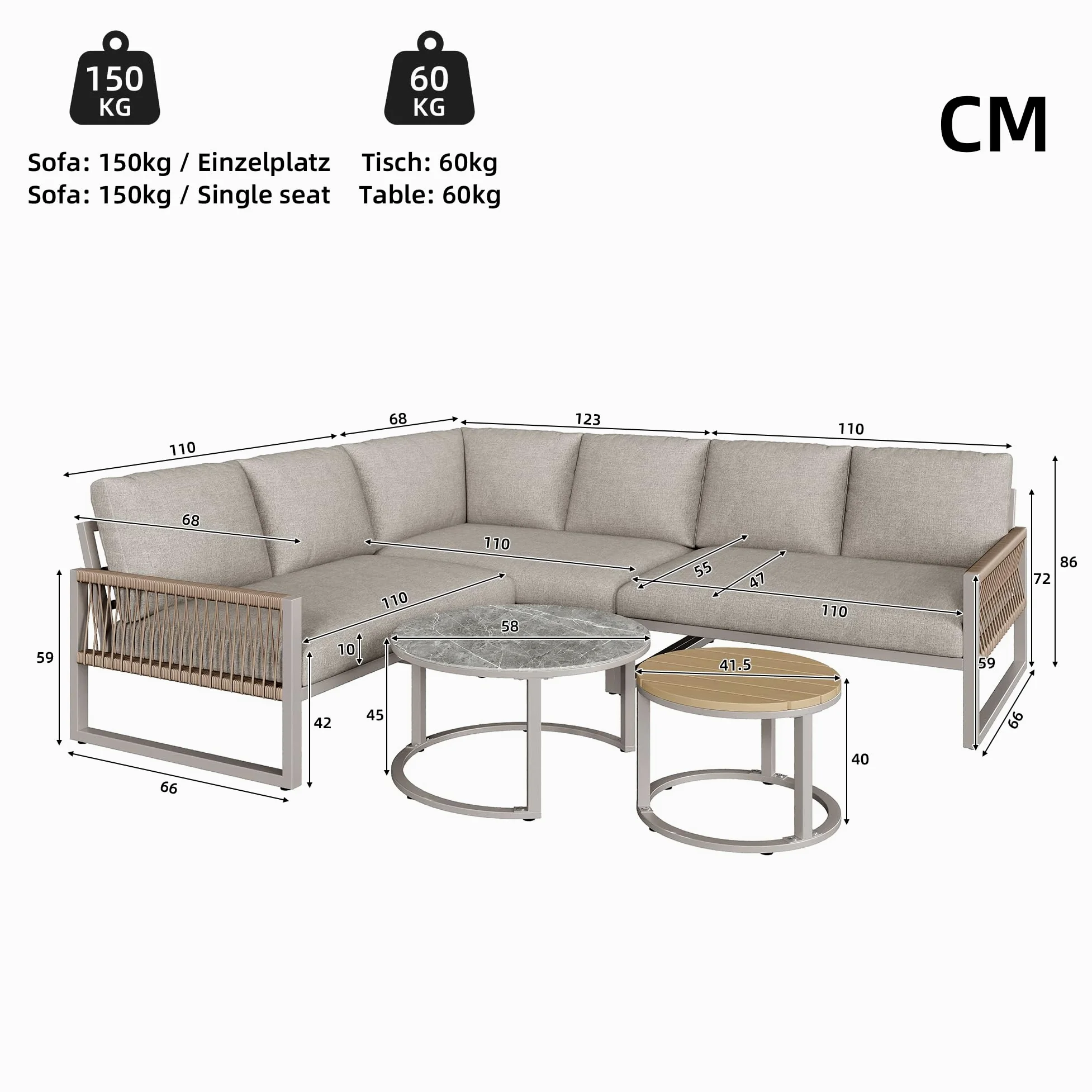 LAKFEW Conjunto Jardin Exterior de 5 Piezas con 2 Mesas y Patas Ajustables, Muebles Jardin Exterior Modular para 6-7 Personas, Sofa Exterior Esquinero con Cojín Cómodo (Beige)