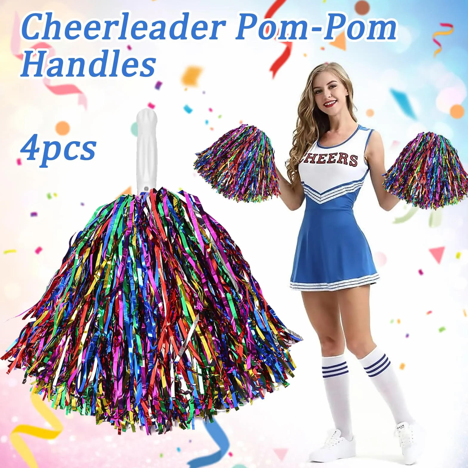 Pompones de Animadora 4 Piezas con Asa, Cheerleader Pompom, Accesorios Porristas para Competición Deportiva