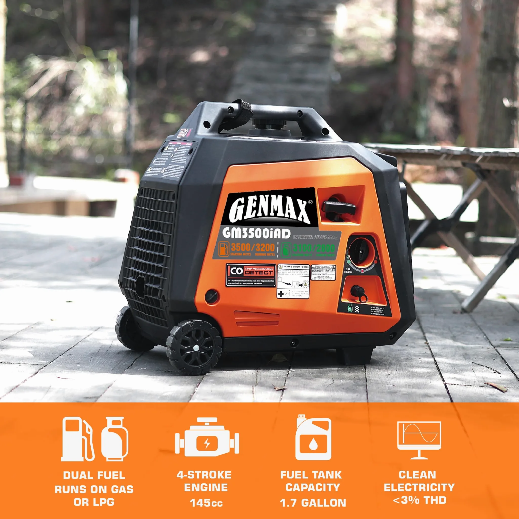 GENMAX Generador inversor portátil, motor de gas o propano súper silencioso de 3500 W con capacidad paralela, arranque manual, ideal para acampar, viajes al aire libre. Cumple con la EPA