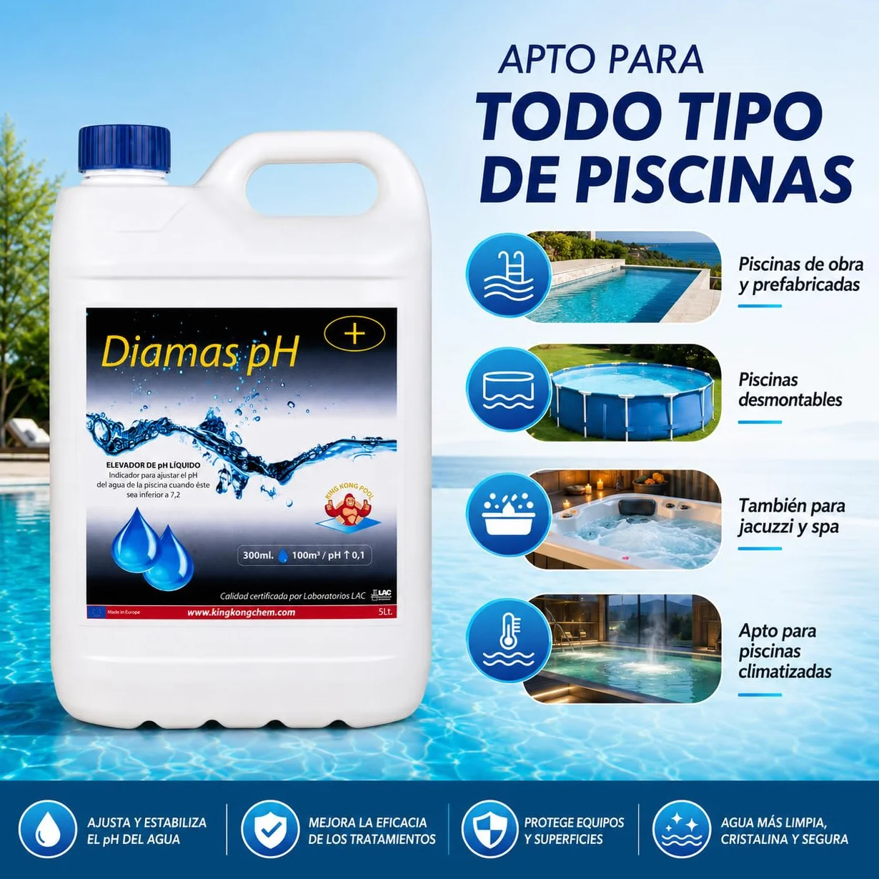 Incrementador de pH Concentrado para Piscinas DIAMAS PH 5 litros - Aumenta el pH del Agua – Formato Líquido