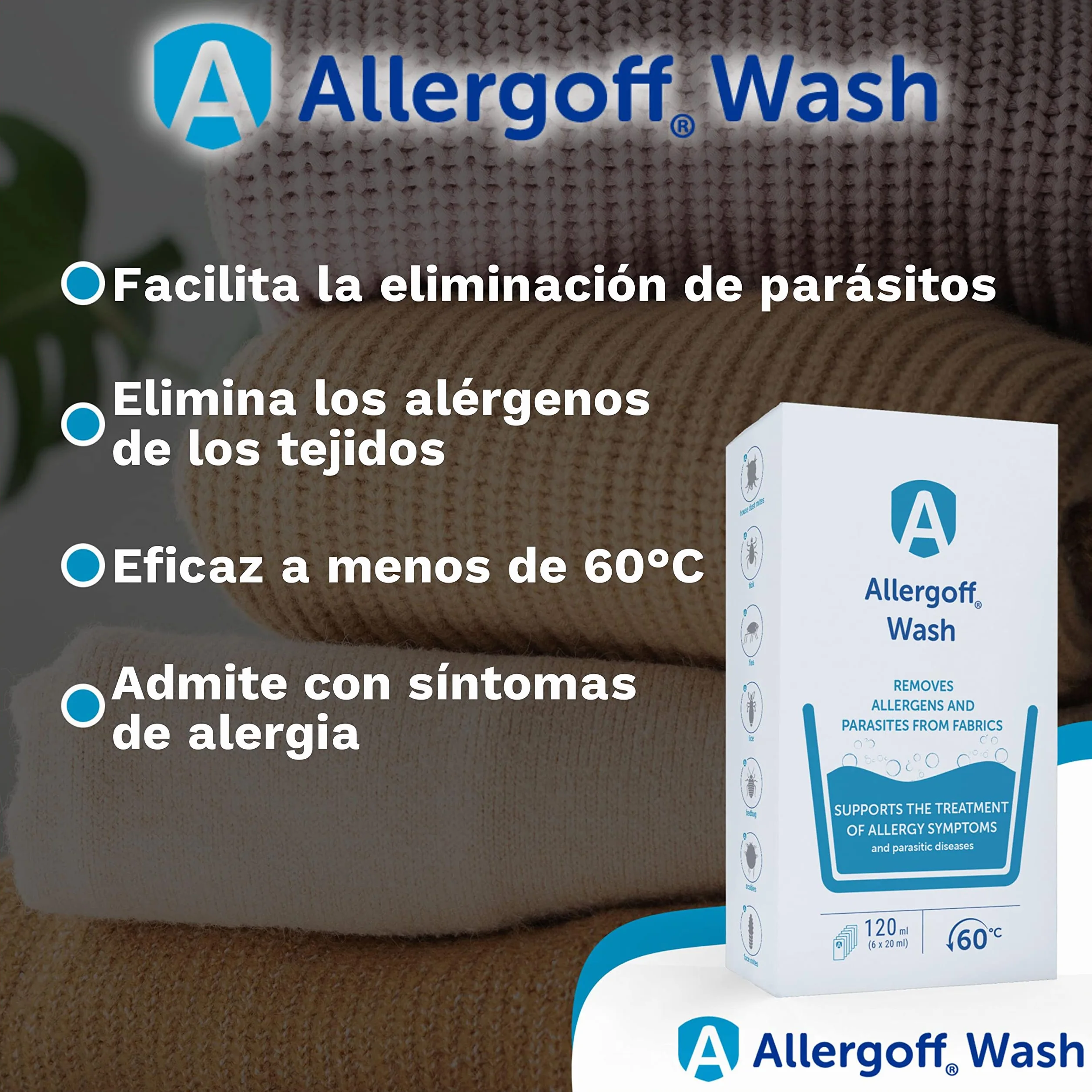 Allergoff Detergente para Ácaros, Pulgas, Piojos y Chinches - Aplicación Previo al Lavado - Complemento para Spray de Ácaros para Colchones (6 Gel de 20ml) (el empaque puede diferir)