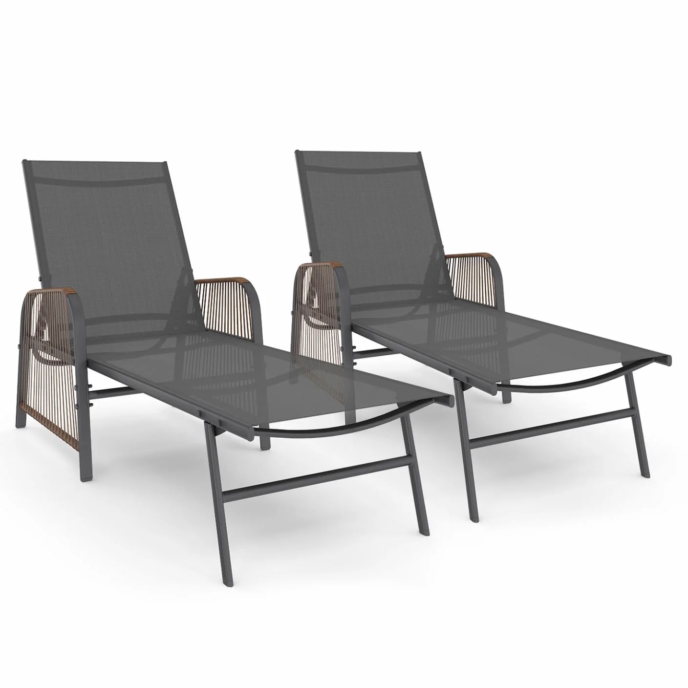IDMarket - Juego de 2 tumbonas de jardín inclinables Rio de acero gris antracita, cordaje con efecto ratán con reposabrazos y tela gris