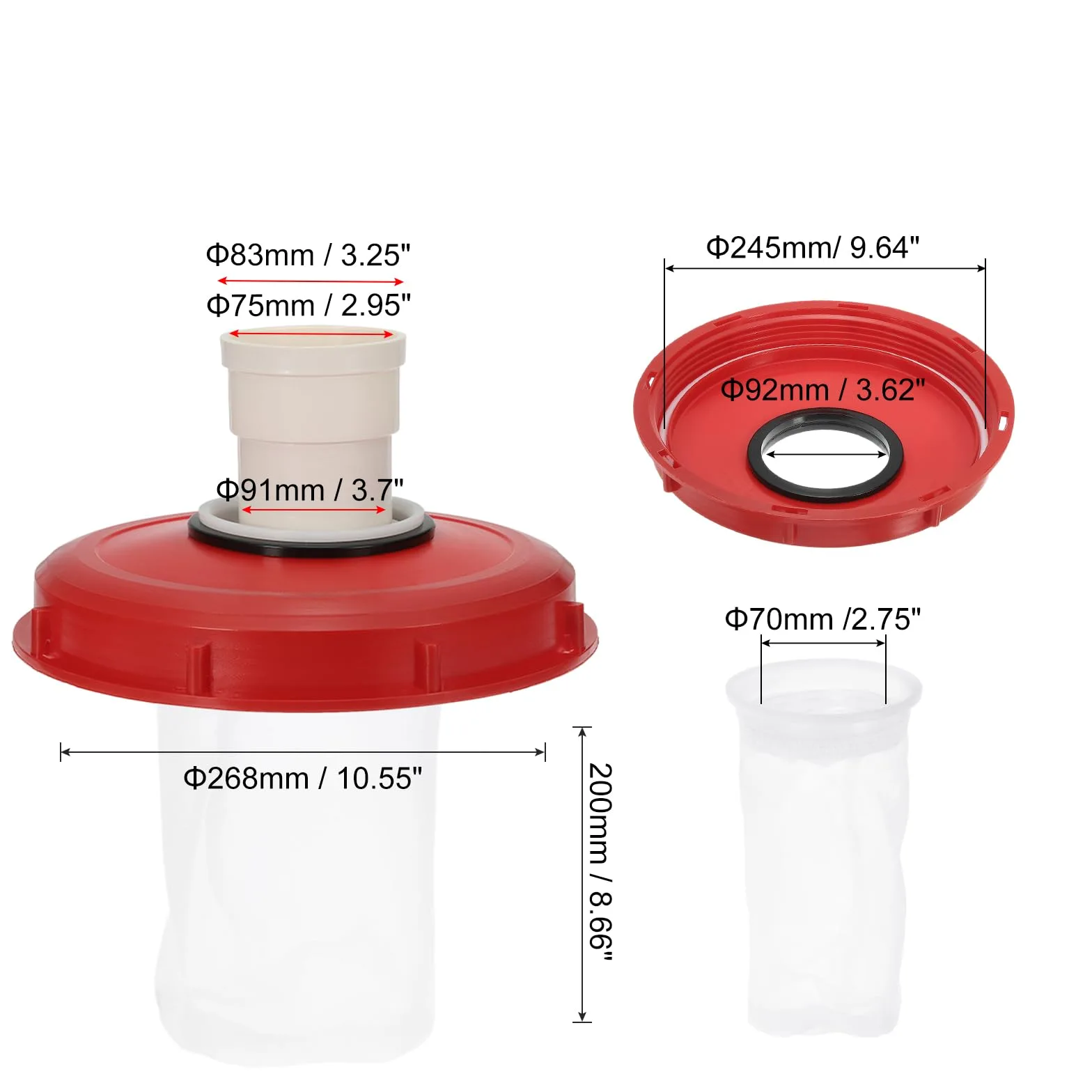 QUARKZMAN 245mm Tapa de Filtro de IBC, Adaptador de Manguera Recta de Tote de Plástico IBC de 1000L para Contenedor de Tanque de Agua de Lluvia para Tanques de Agua de 275gal, Rojo/Blanco