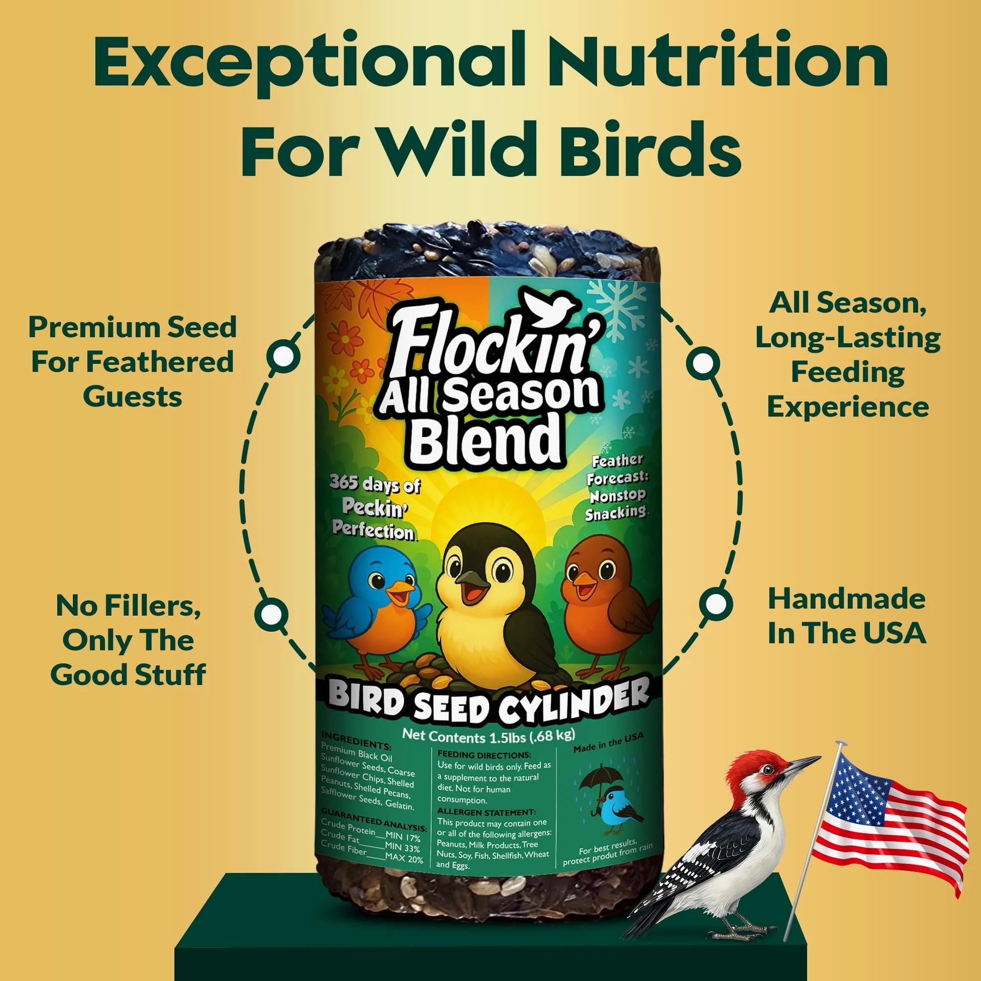 Cilindro de semillas de pájaros para todas las estaciones con agujero, alimento para pájaros silvestres durante todo el año para Blue Jays, palomas, pinzones y más, mezcla equilibrada de alta energía