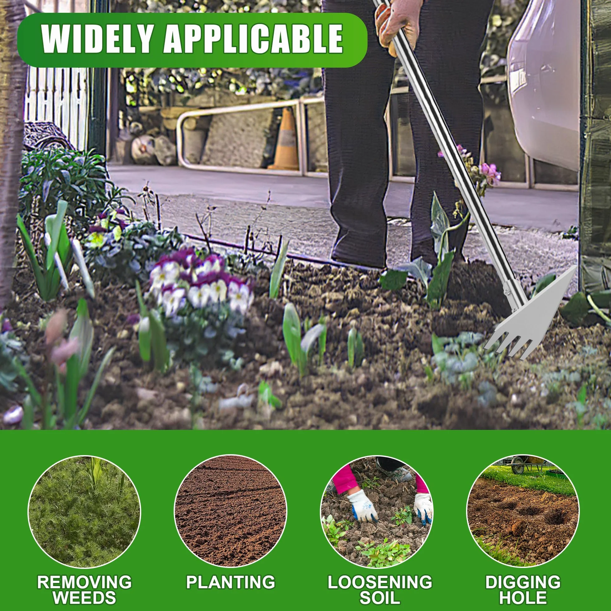 Binette de jardín 2 en 1 doble cabeza,triángulo y sierra, mango telescópico ajustable (75, 110,5, 146,5 cm), herramienta de jardinería robusta para desyerbar, azada de acero inoxidable