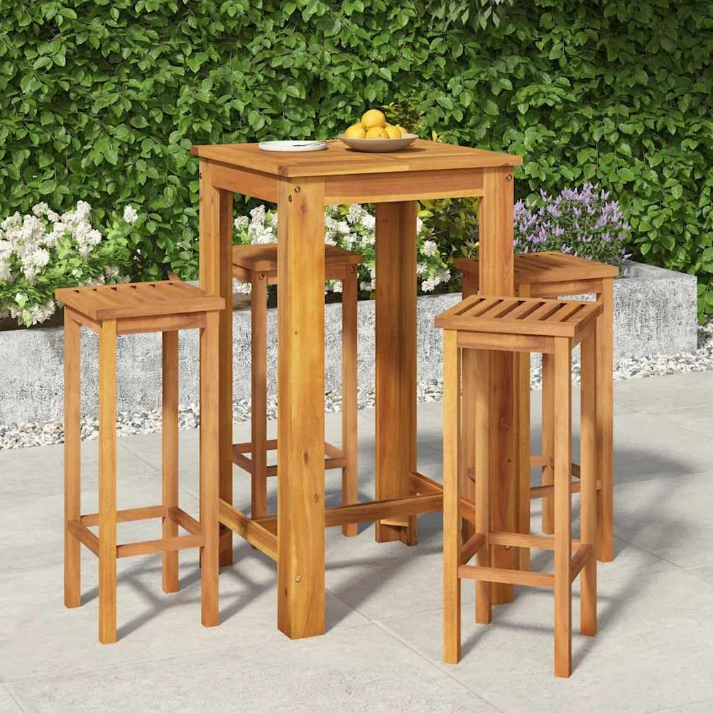 vidaXL Mesa y Taburetes Altos de Jardín 5 pzas, Juego de Muebles de Bar, Mesa Sillas Altas, Mesita Asientos Exterior, Madera Maciza Acacia
