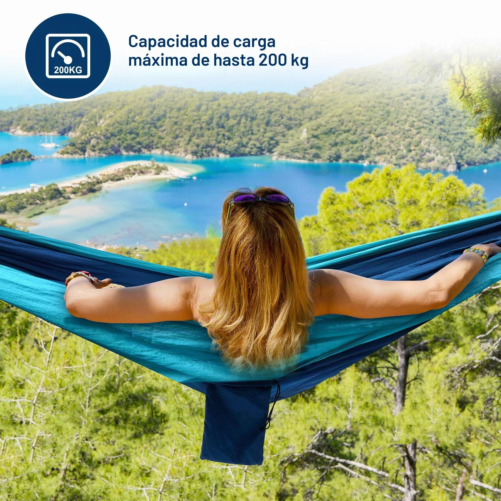 hamaca de camping al aire libre, hamacas de paracaídas portátiles superligeras con dos correas de árbol, nailon para árbol de viaje (azul lago, 280 x 140 cm)