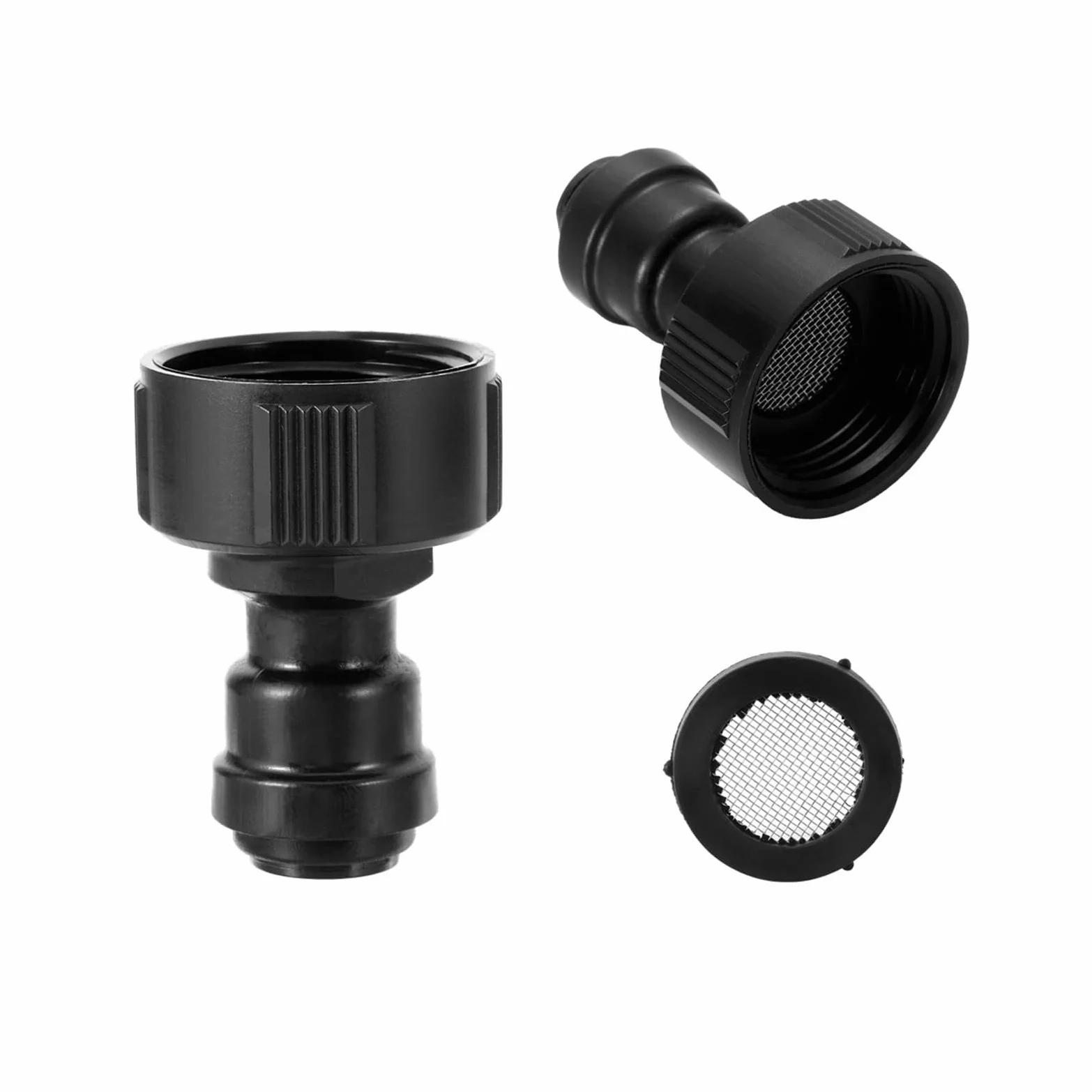 Juntas de grifo de rosca hembra de 3/4 pulgadas con filtro de malla de 8 mm, color negro, para jardín, césped, plantas, flores, riego, conectores rápidos, 1/10 unidades