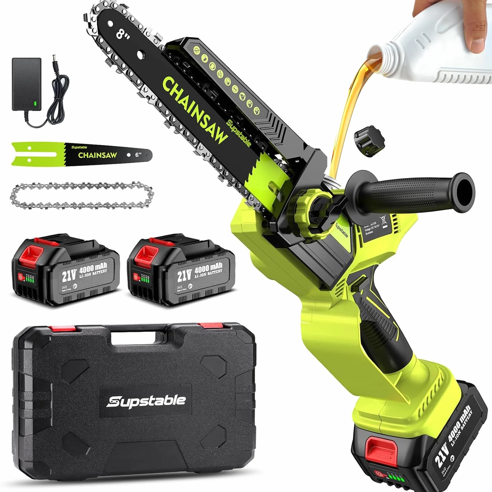 Mini Motosierra a Batería 8 y 6 Pulgadas, Sierra Electrica Podar Arboles con 4000 mAh, 2 Baterías, 1300W, Lubricación Automática de Cadena, Ajuste sin Herramientas, Compatible con Makita Batería 18V