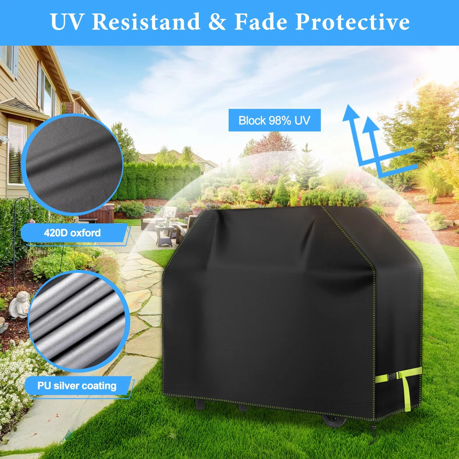 Funda Barbacoa Exterior Impermeable, VDISRR 420D Oxford Resistente al Desgarro Funda Protectora para BBQ 117 x 66 x 117 cm, Cubierta de Barbacoa Exterior Anti-Viento/Anti-Polvo/Anti-Humedad/Anti UV