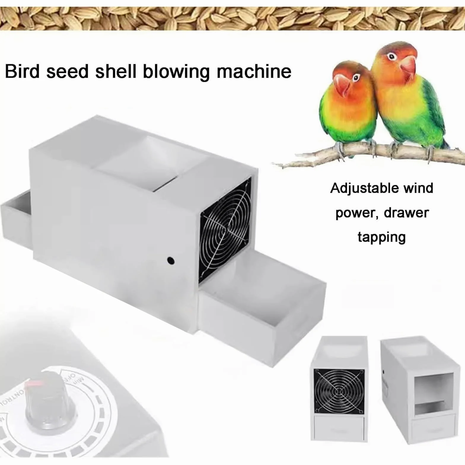 Desgranadora De Alimento para Pájaros, Máquina Limpiadora Y Aventadora De Granos, Limpiadora De Semillas, con 2 Cajones Y Velocidad Ajustable, Puerto De Alimentación Ampliado para Mijo, Semillas