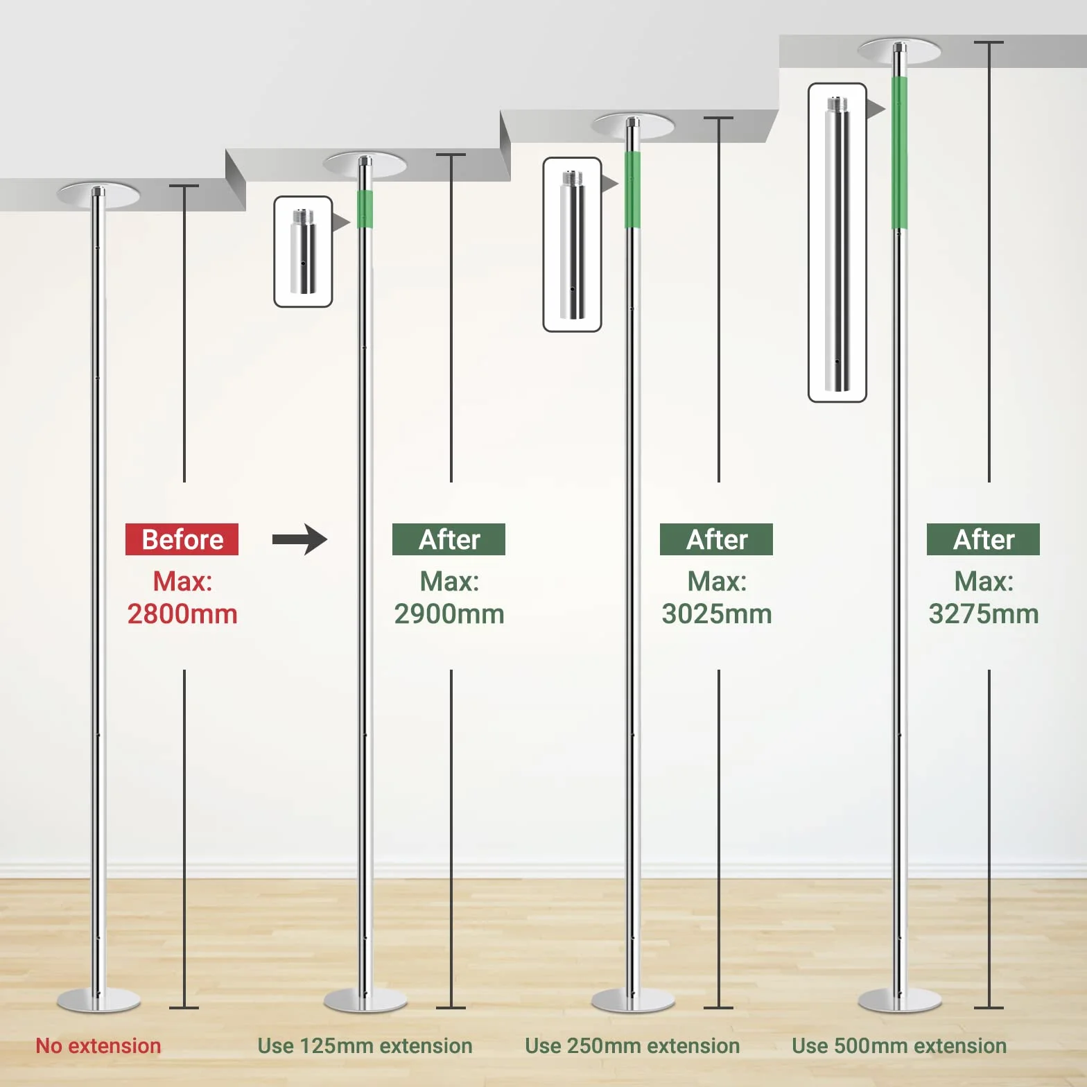 Leogreen 125mm Barra de Baile Extensión Tubo Pole Dance Profesional 45mm