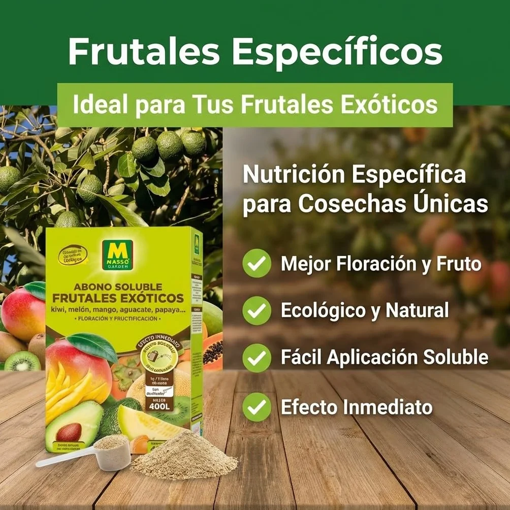Abono Frutales Exóticos Soluble Ecológico 400 g | Fertilizante NPK 8-7-6 + Magnesio para Aguacate, Kiwi, Mango, Papaya, Kaki y Physalis | Máxima Floración y Frutos de Calidad ECO | Nexum Market