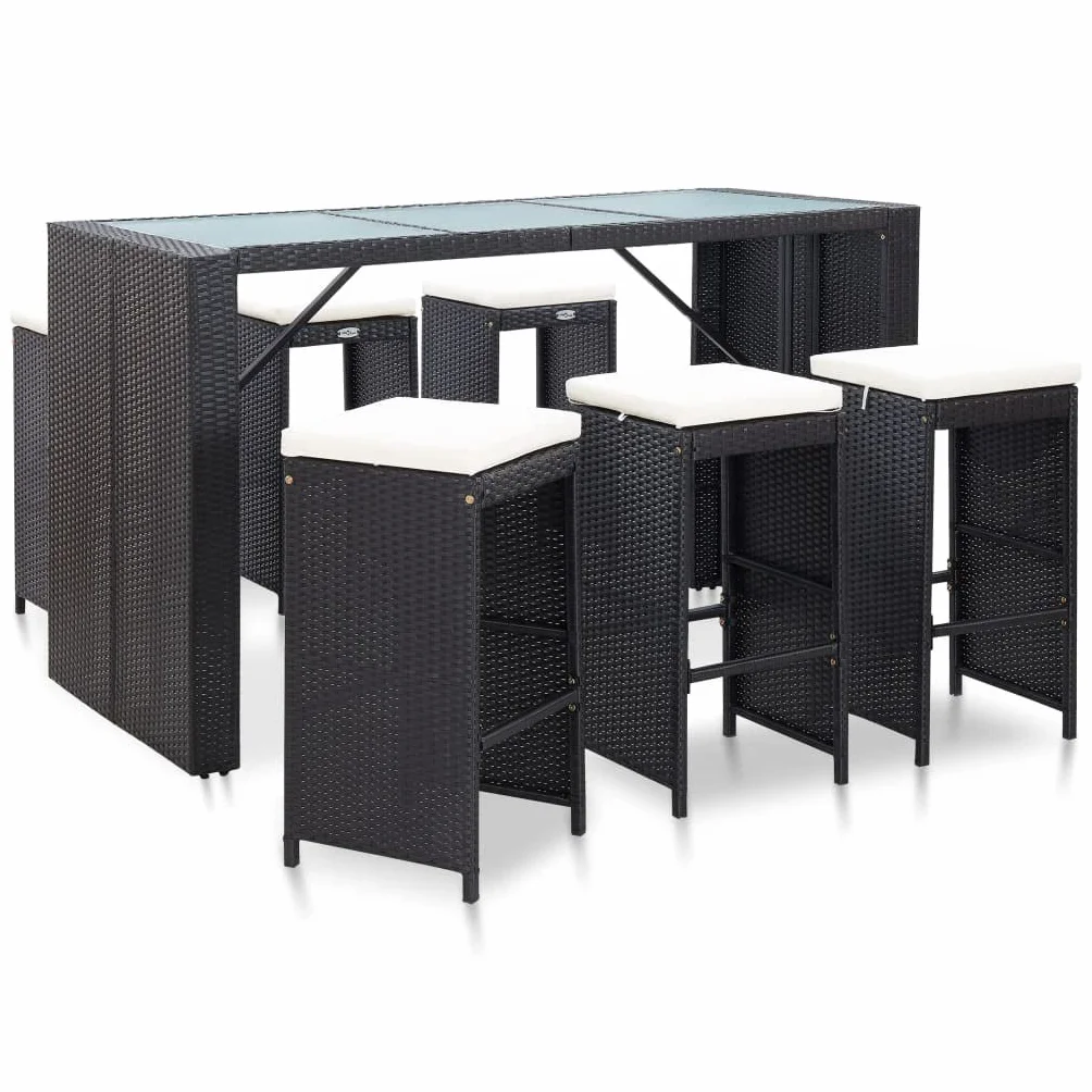 vidaXL Mesa y Sillas Bar Jardín 7 Piezas y Cojines Patio Conjunto Casa Comedor Aire Libre Asientos Balcón Exterior Ratán Sintético Negro