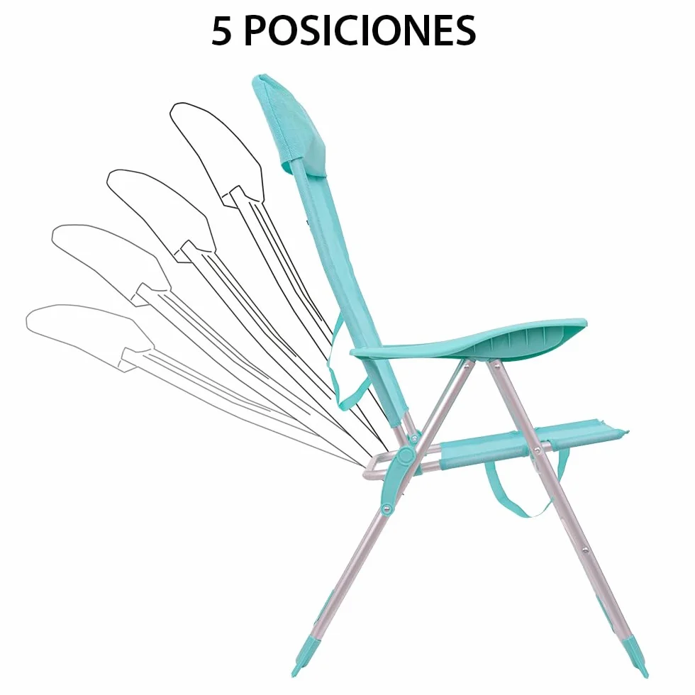 LOLAhome Sillón de Playa Plegable y reclinable de 5 Posiciones de Aluminio y textileno Aguamarina de 63x60x110 cm