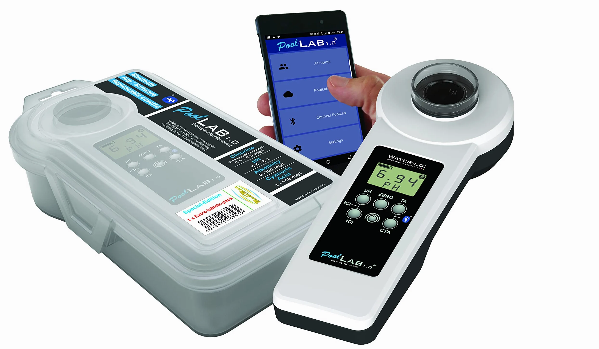 PoolLab 1.0 - Fotómetro 13 en 1 con 70 comprimidos, versión especial para MediMuc, con cubeta extra